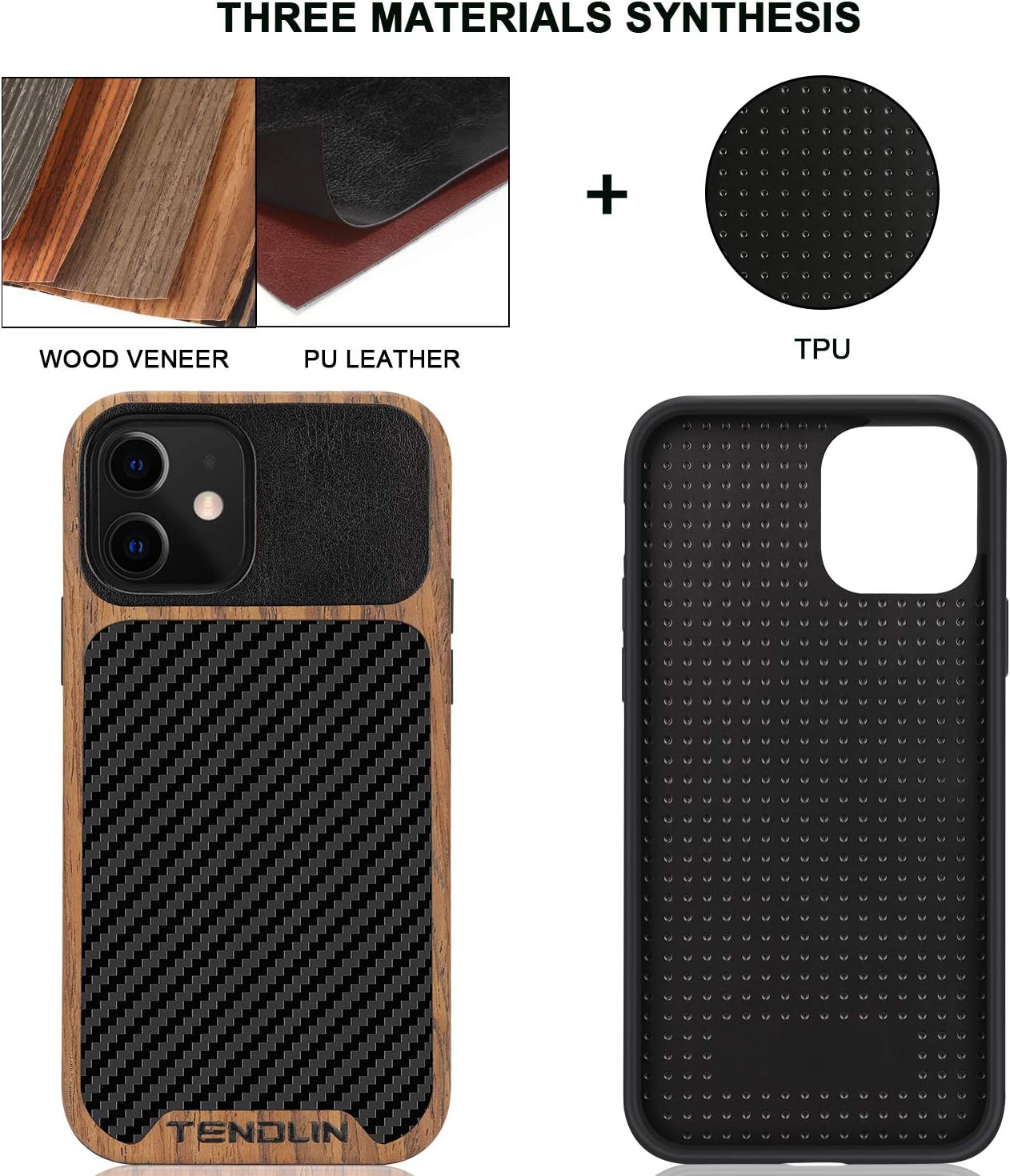 TENDLIN Funda compatible con iPhone 12 Mini de grano de madera con textura de fibra de carbono, funda híbrida de cuero, color negro