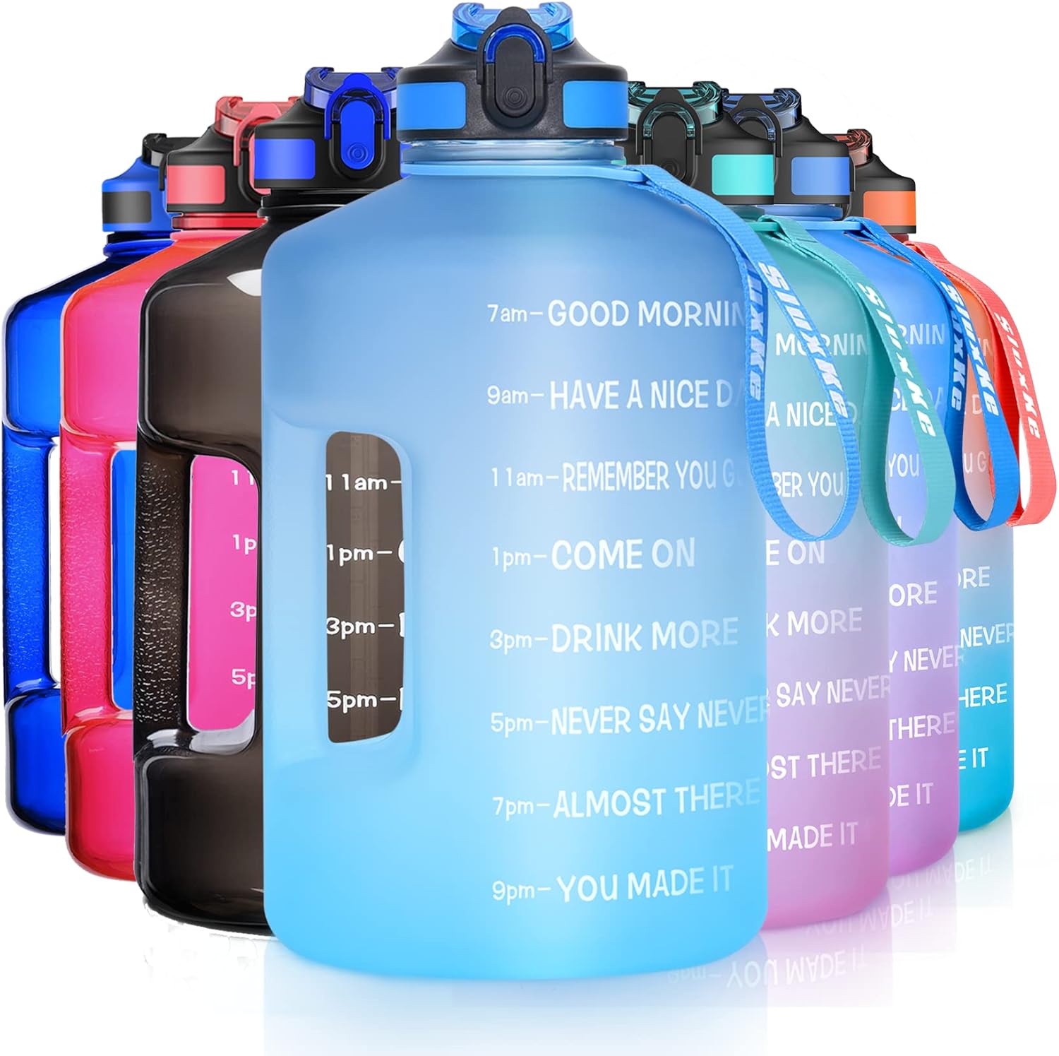 Botella de agua de 1 galón con marcador de tiempo y popote, sin BPA, 128 onzas, a prueba de fugas, jarra de agua grande motivacional con asa, jarra