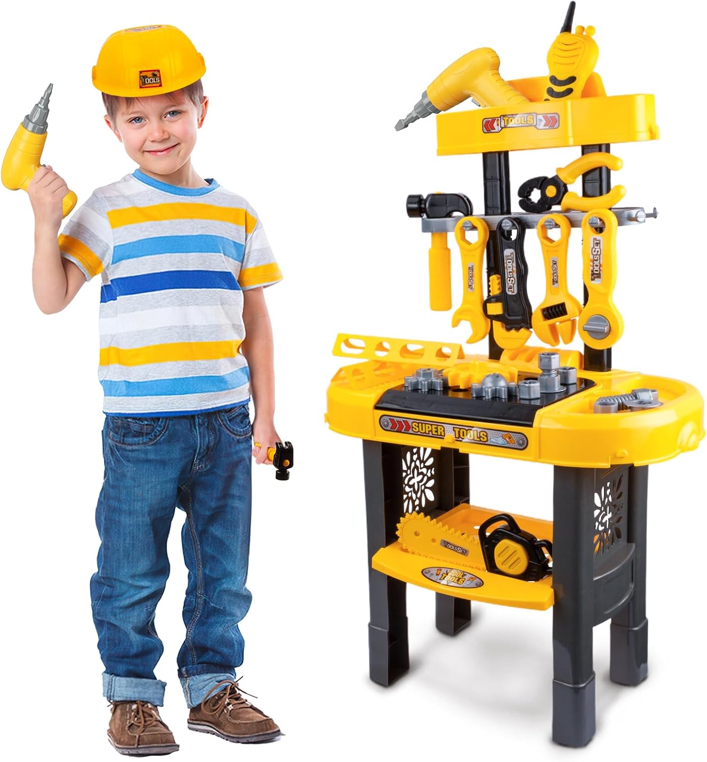 UNIH Banco de herramientas para niños pequeños, juego de herramientas de banco de trabajo para niños, juguete de simulación, juego de herramientas