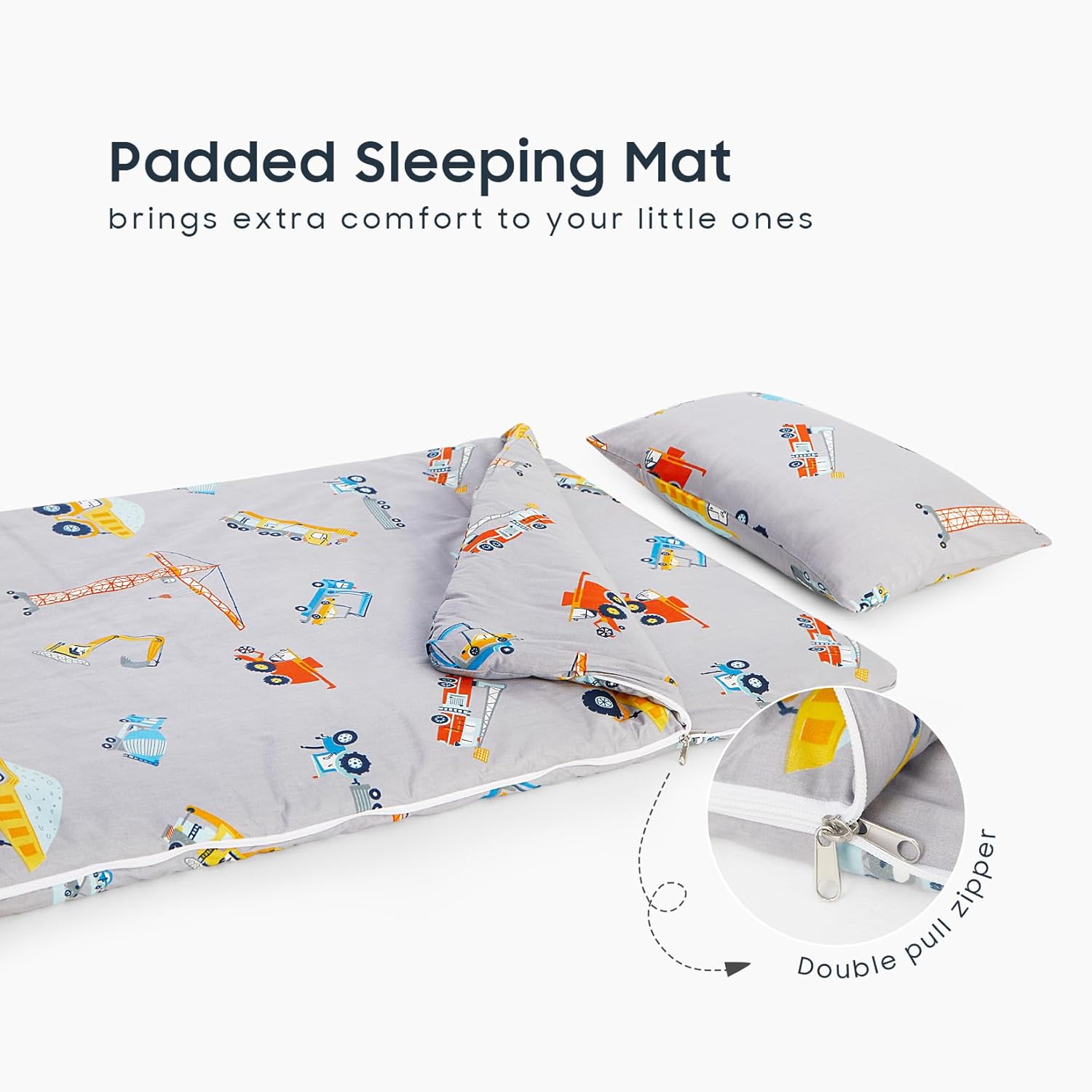 Wake In Cloud – Saco de dormir para niños pequeños, tela de algodón, portátil, compacta, ligera, con almohada y manta, para niños, coches, grúas,
