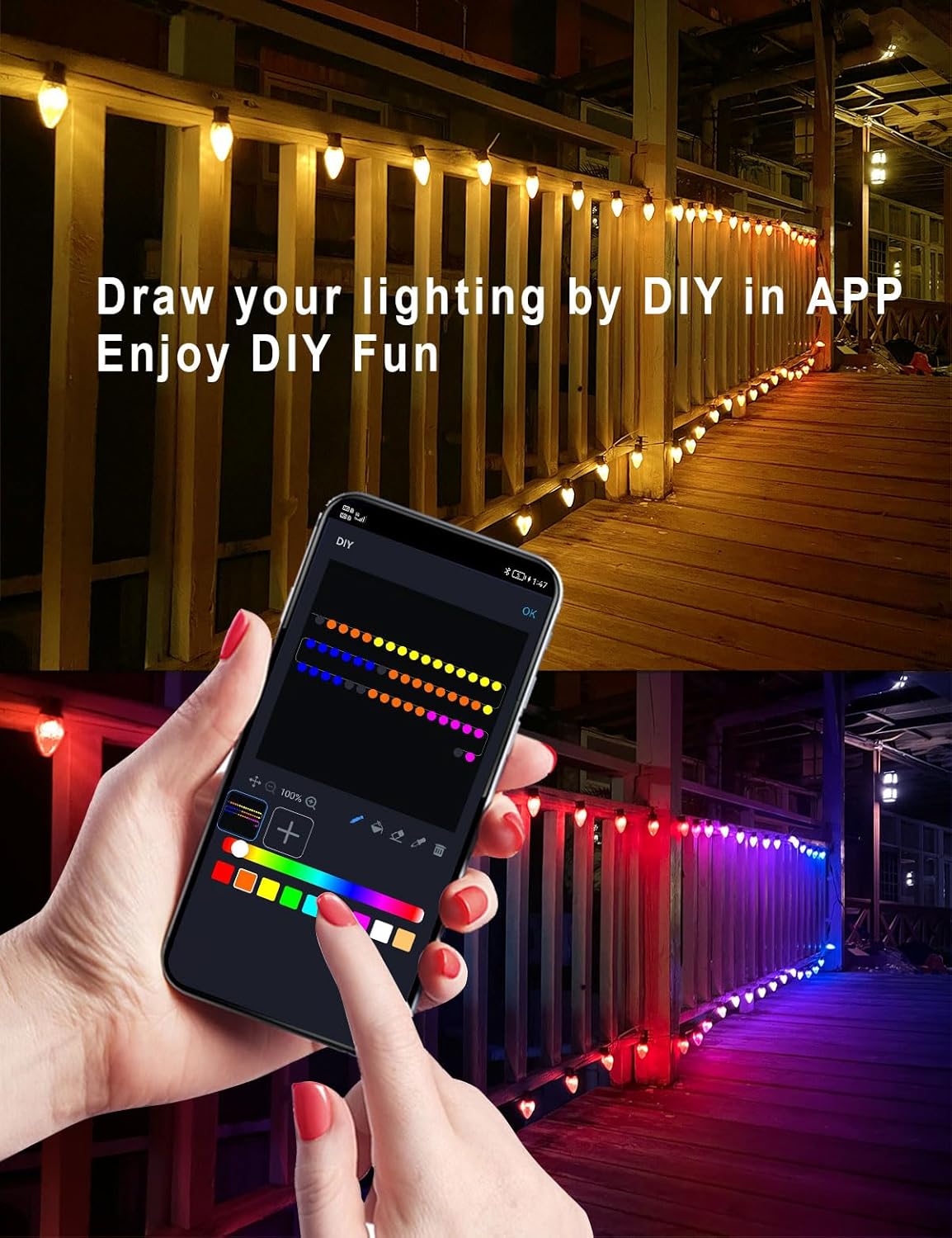 HIITEN Luces de Navidad RGB C9 para exteriores de 79 pies, 100 LED, efectos de persecución de bricolaje, luces de Navidad inteligentes, aplicación