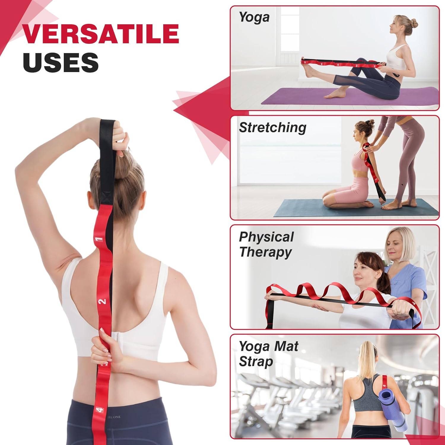 Juego de bandas de resistencia para mujer, correa de yoga no elástica con bucles para estiramiento terapia física, bandas de entrenamiento con 5