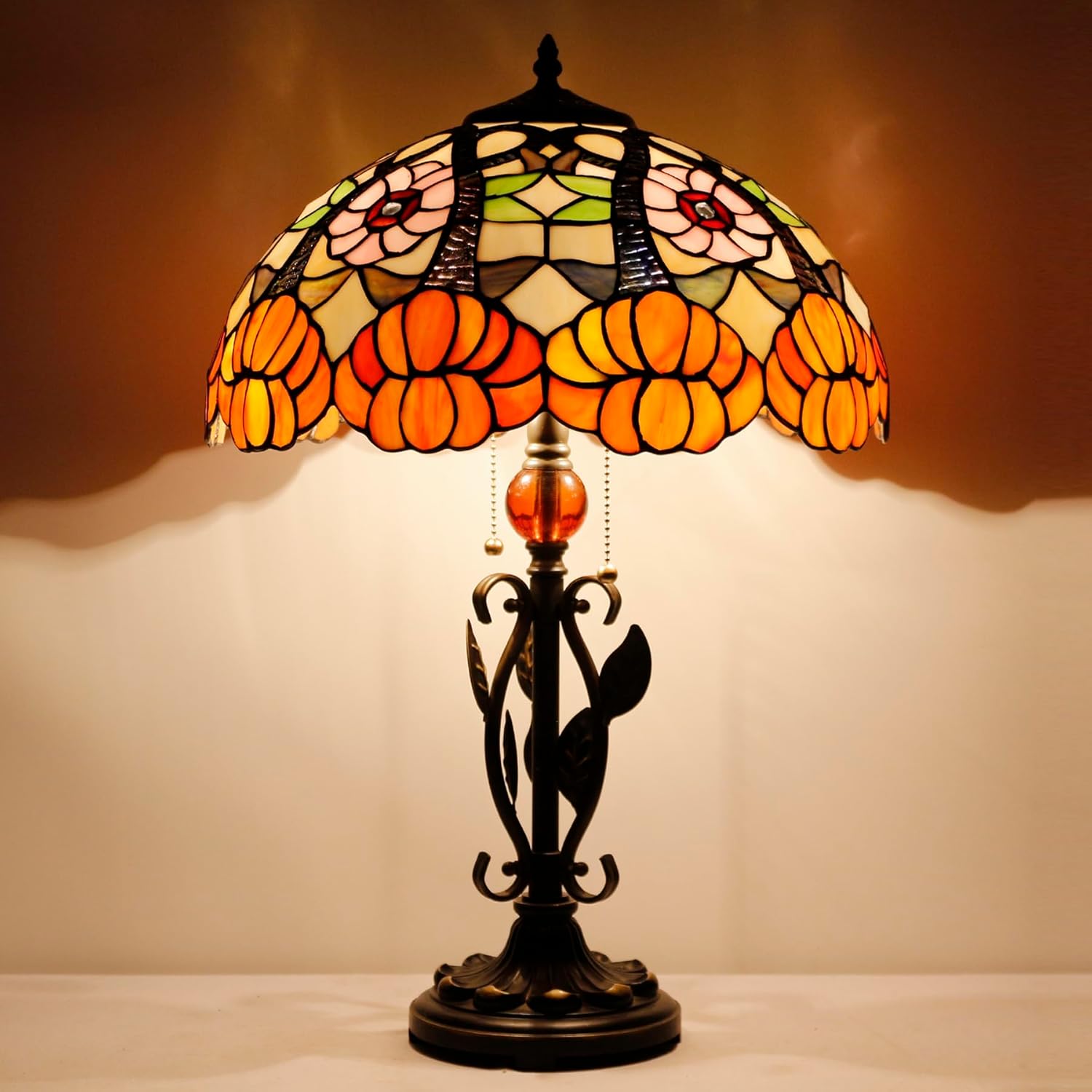 Tiffany – Lámpara de mesa con diseño de flores amarillas, luz de lectura para escritorio, 16 x 16 x 24 pulgadas, base de hojas de metal para