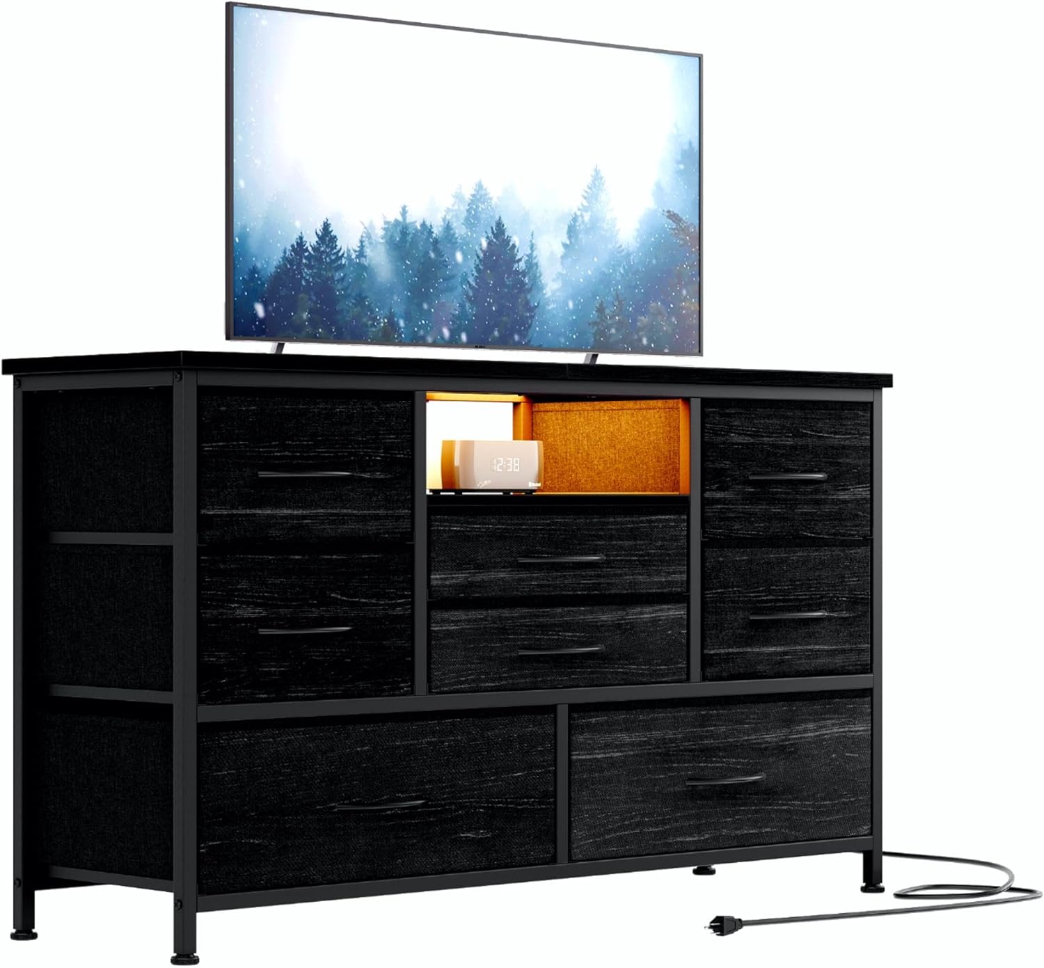 Soporte de TV de 8 aparadores con toma de corriente y LED para TV de 55 pulgadas, cómoda larga para dormitorio con 8 cajones profundos, mesa consola