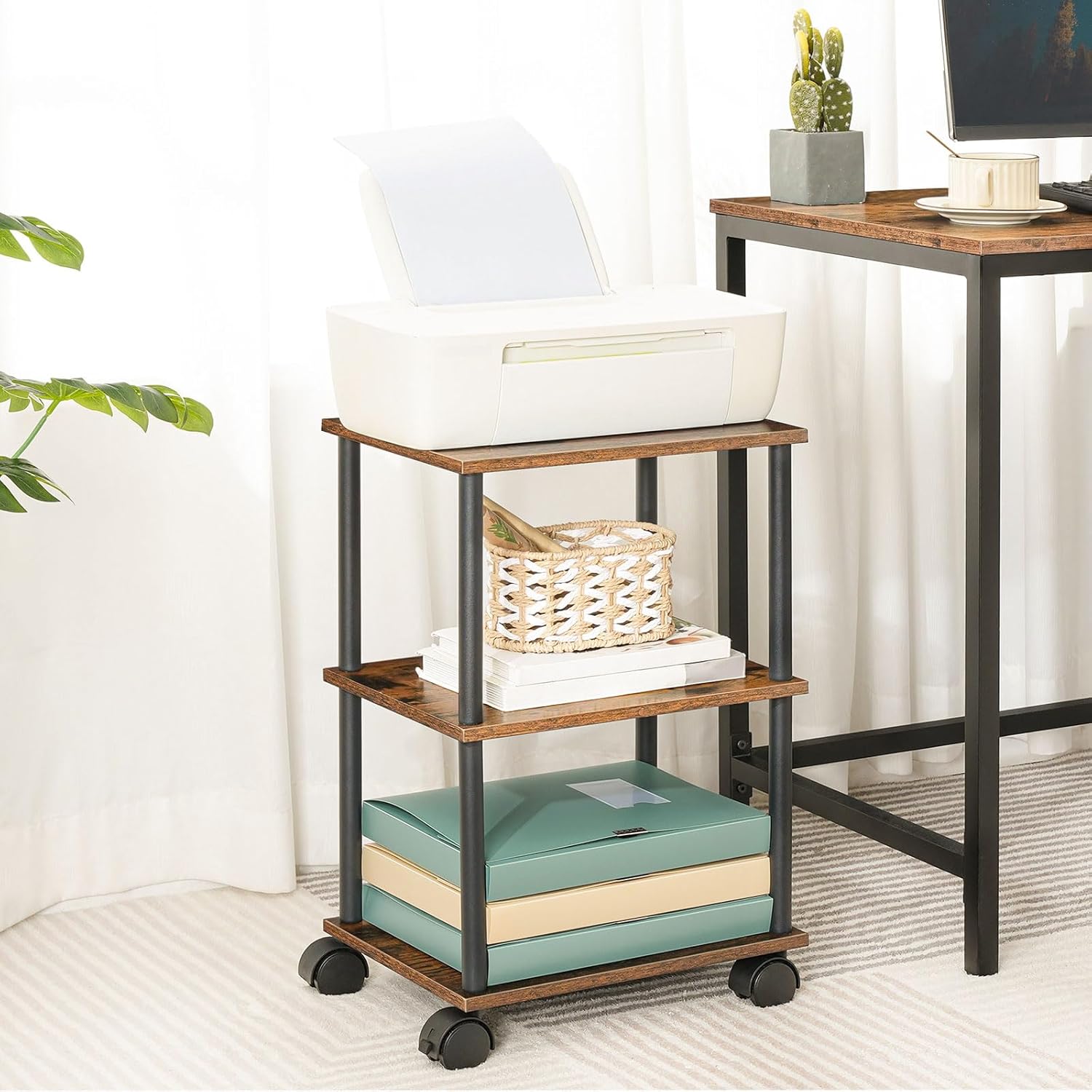 HOOBRO Soporte para impresora, carrito industrial de 3 niveles para impresora debajo del escritorio con estante, estante de máquina resistente con