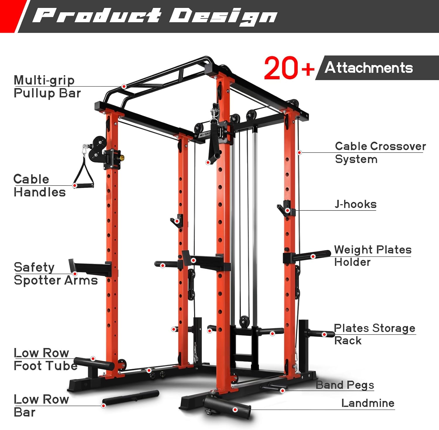 RitFit Jaula de potencia con sistema opcional de máquina LAT PullDownCable CrossoverSmith, estante para sentadillas de 1000 libras para el hogar y