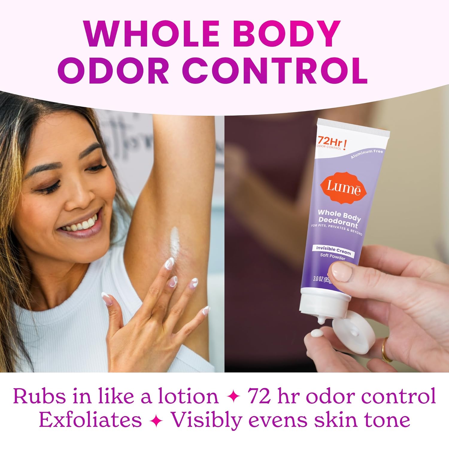 Lume – Desodorante para todo el cuerpo, Tubo de crema invisible, control de olores por 72 horas, sin aluminio, sin bicarbonato de sodio, seguro para