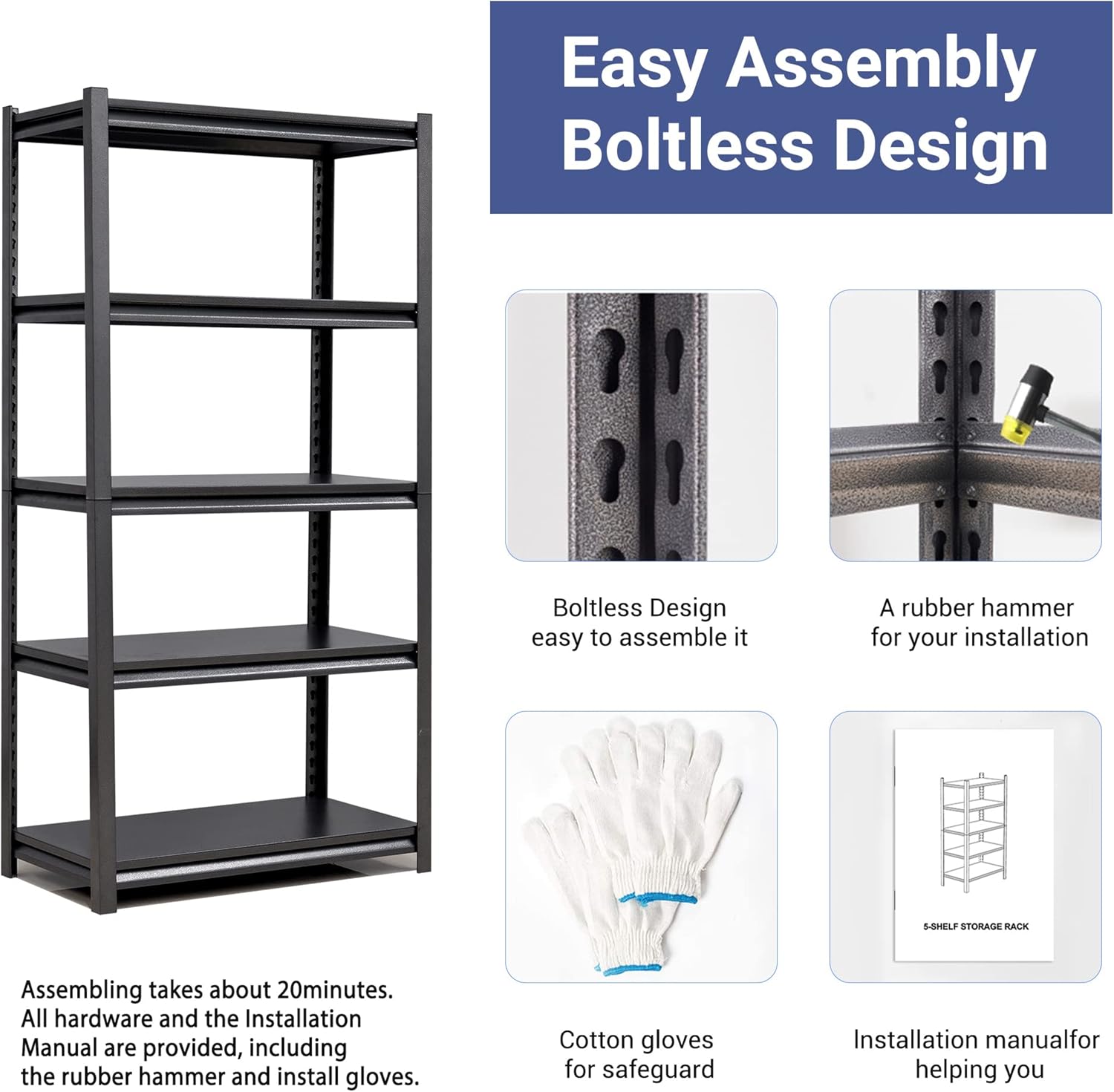 Estantería de metal ajustable de 5 niveles, estantes de almacenamiento resistentes, organizador comercial para garaje, sótano, cocina, despensa,