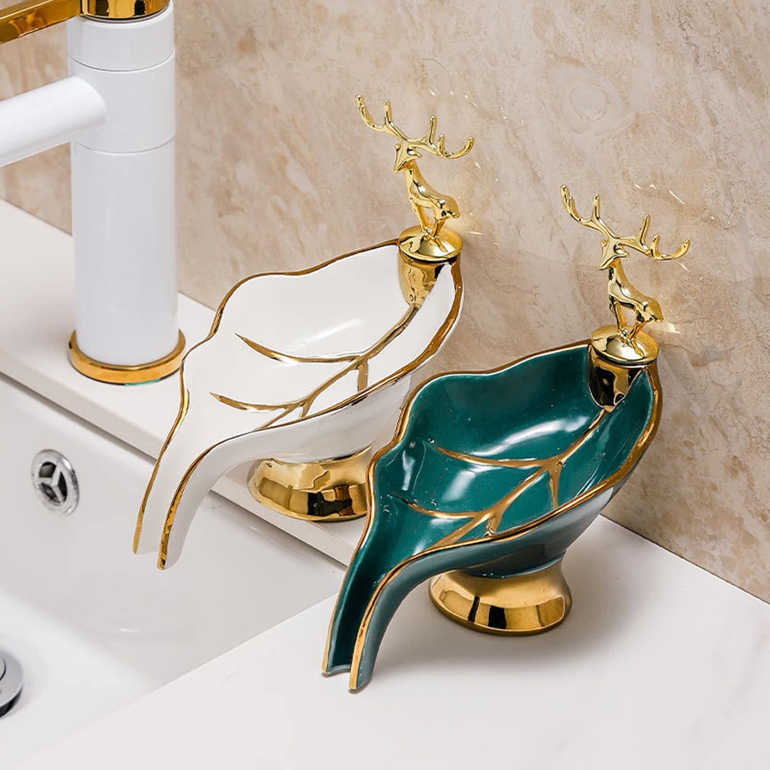 Light Luxury Style Ceramic Soap Rack Leaf Shaped Soap Dish Self Draining Soap Holder Creative Soap Box with Golden Deer for Shower Bathroom Kitchen