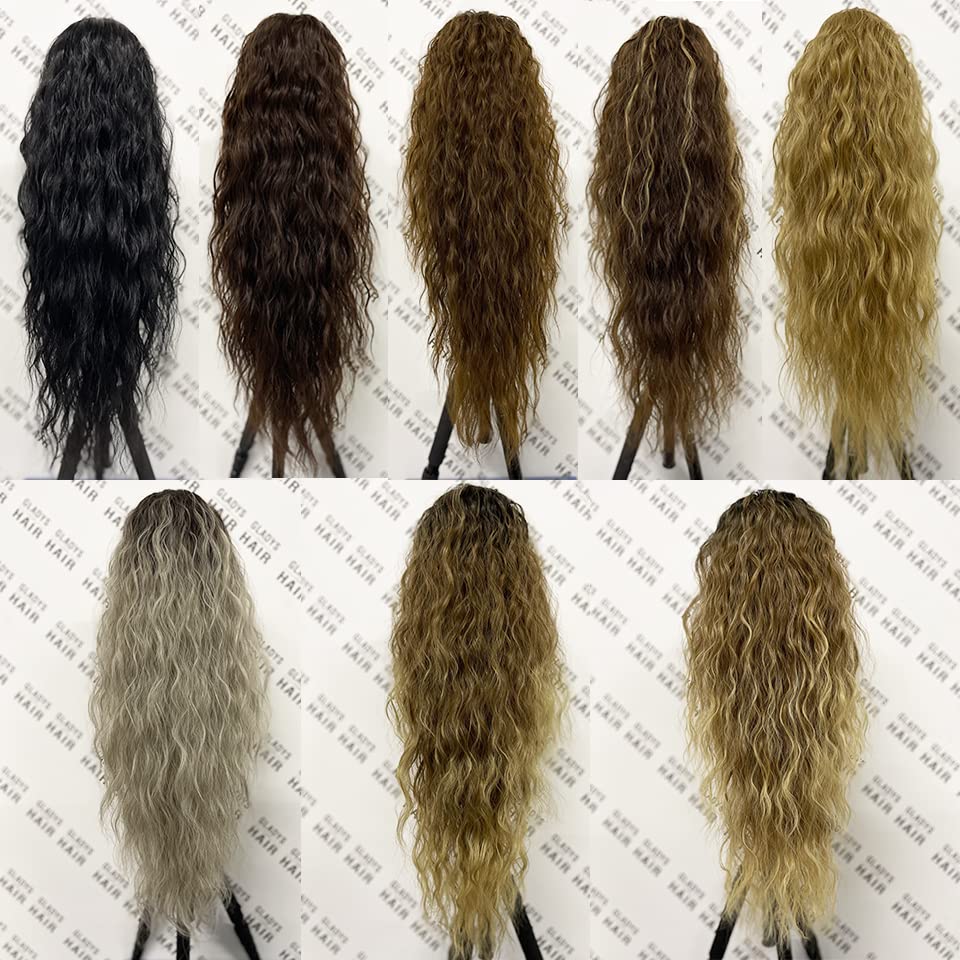 megicaebeauty – Extensiones de cabello sintético rizado con cordón ondulado (marrón)