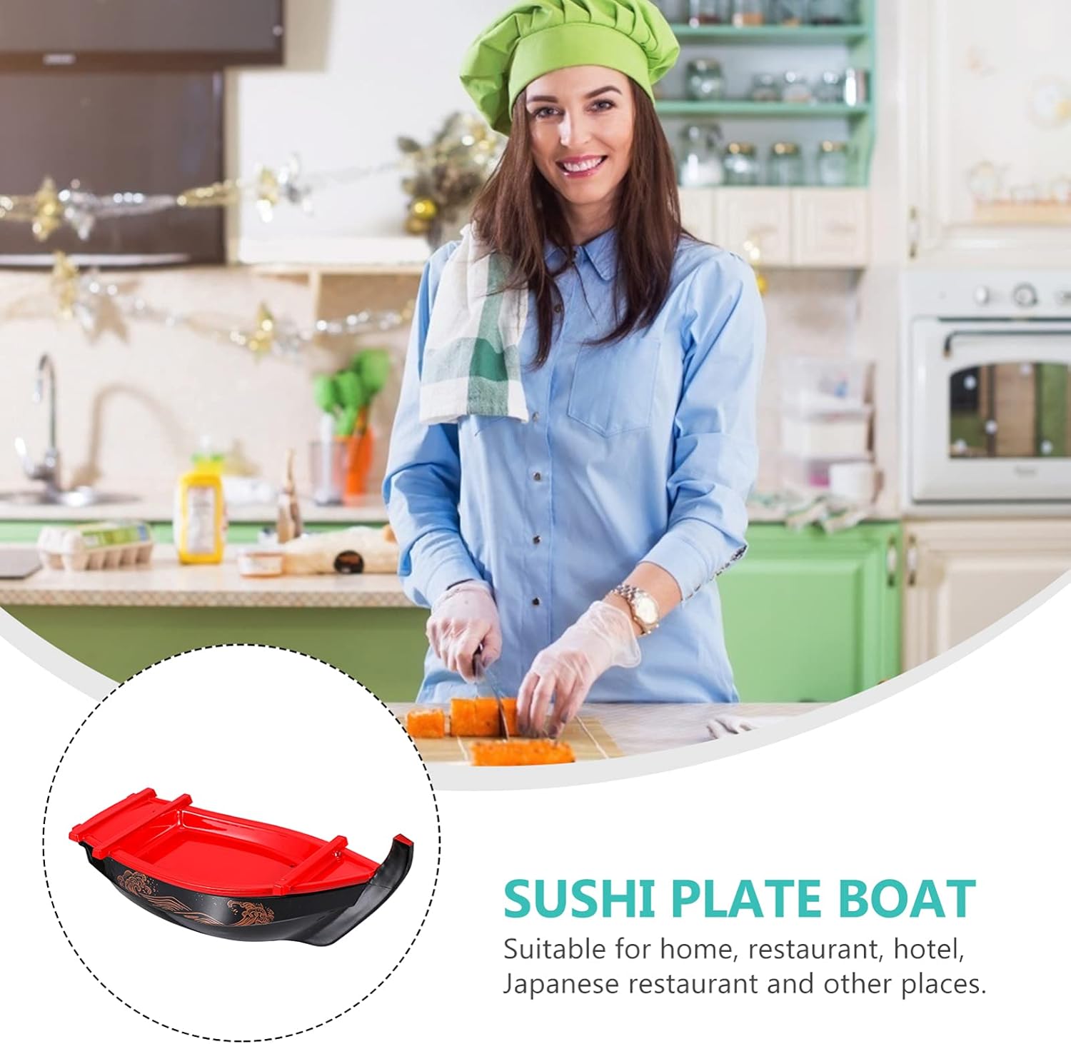 Hemoton Plato de sushi con forma de barco, plato de sushi para servir sushi, vajilla de estilo japonés, bandeja de plástico de melamina, bandeja