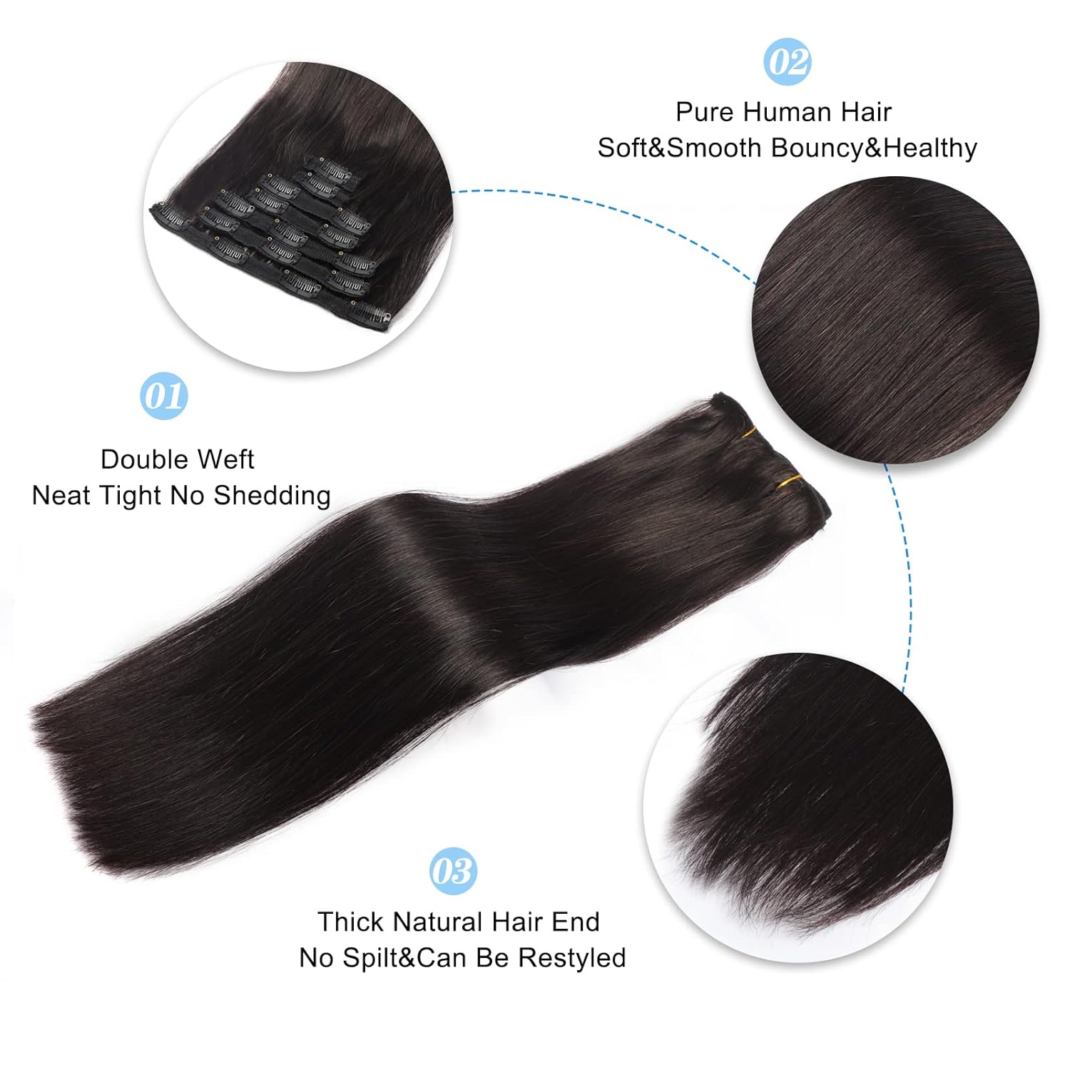 Dalise Extensiones de cabello humano con clip, color negro natural, doble trama, extensiones de cabello suave liso con clip (#1B, 16 pulgadas)