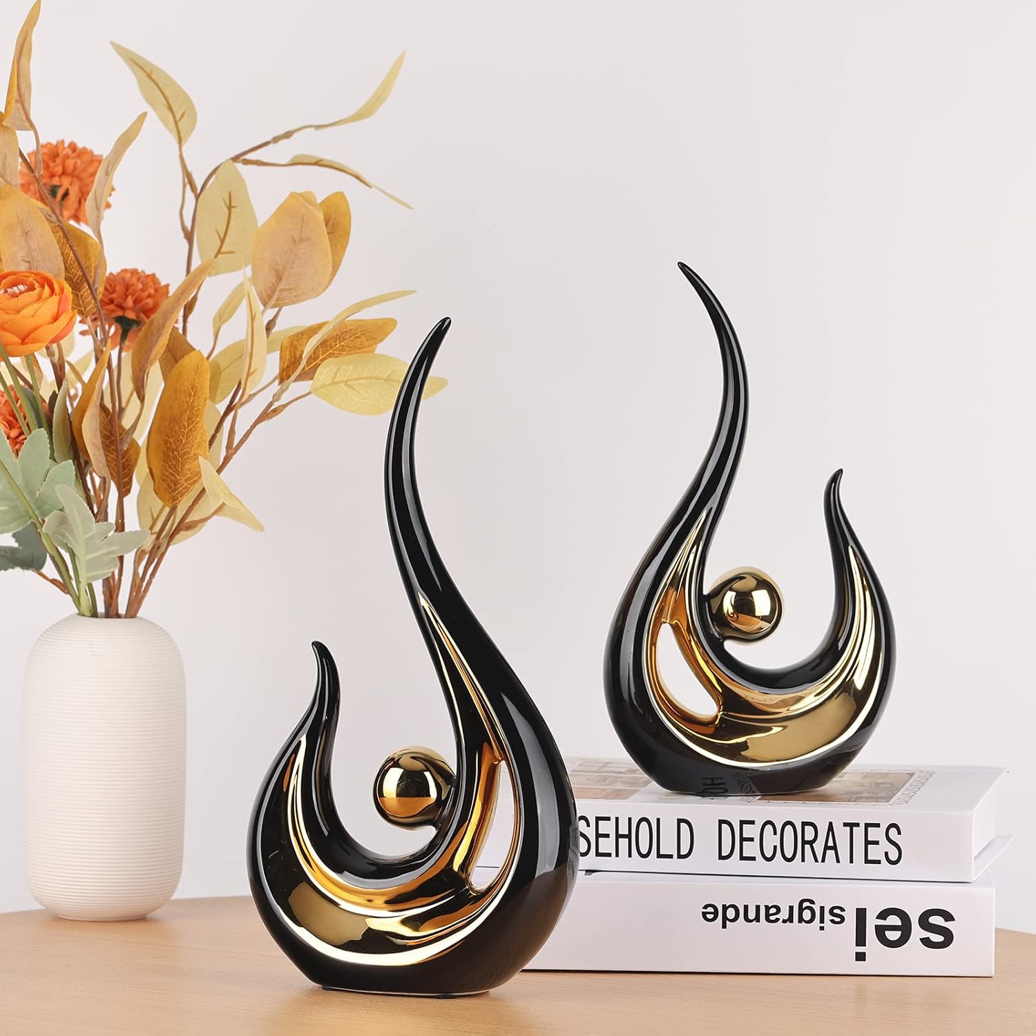 Acento de decoración del hogar negro y dorado de 11.2 pulgadas de alto, centro de mesa de centro moderno de mediados de siglo, figuras modernas de