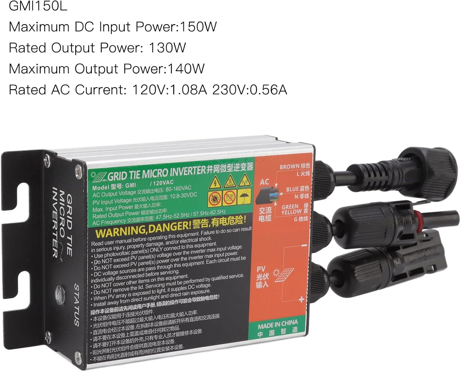 Garosa Rejilla Tie Micro Inversor Aleación de aluminio Micro Solar PV Inversor Refrigeración sin ventilador con cable de CA (GMI-180L-AC110V)
