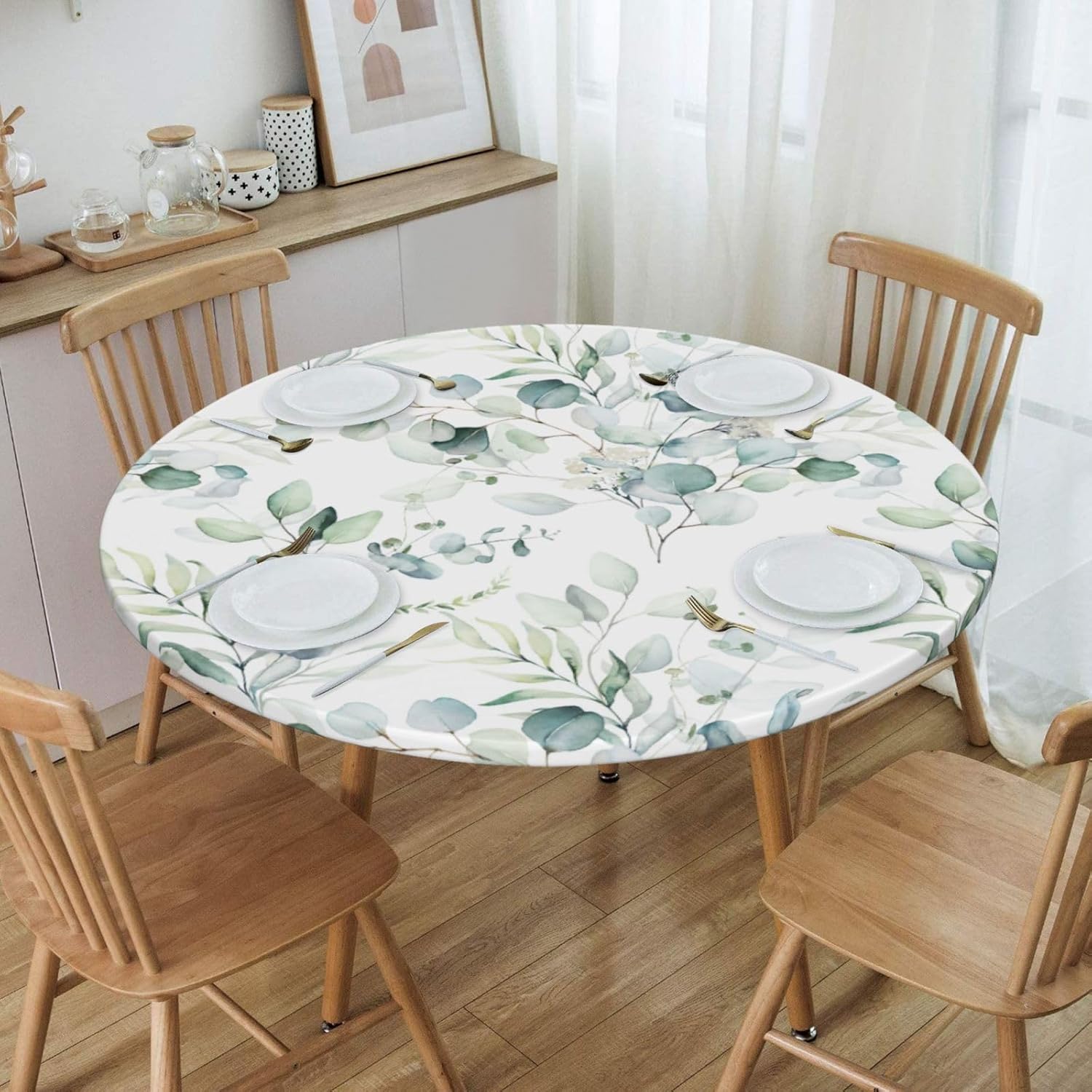 Mantel elástico redondo con borde de hojas verdes salvia, ajustable para mesa de 40 a 44 pulgadas de diámetro