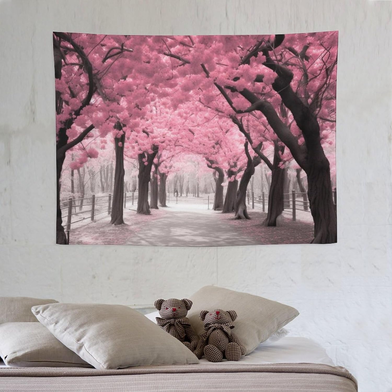 BAHELS Tapiz de bosque floral rosa para decoración del hogar, flores de cerezo de primavera, tapiz de paisaje de flores francesas, tapiz para colgar