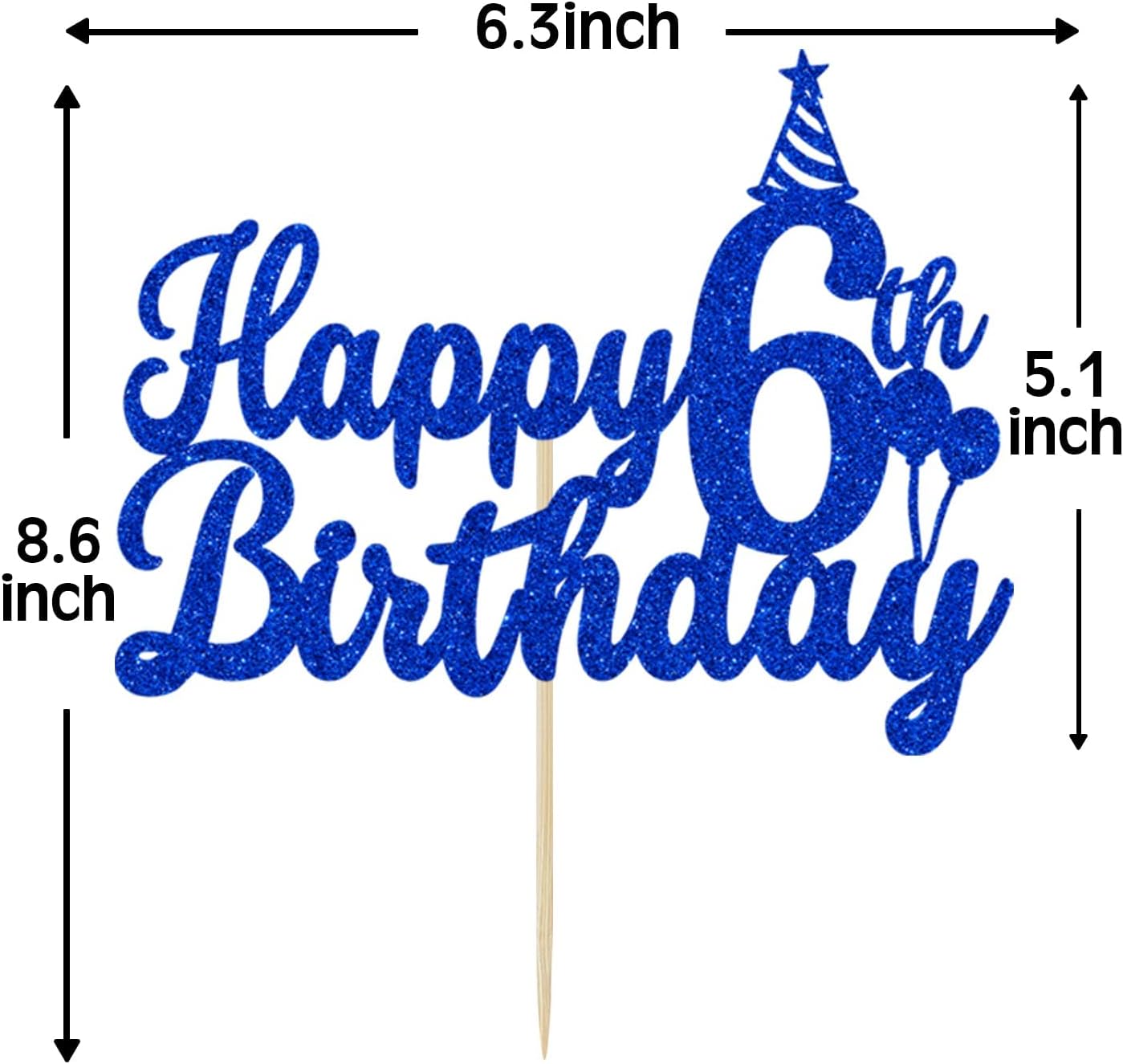 Decoración de pastel de feliz 6 cumpleaños, decoración de pastel de 6 años, para decoración de fiesta de cumpleaños de 6 años, purpurina azul