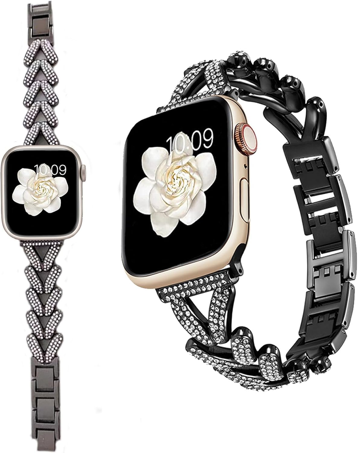 Miimall Correa compatible con Apple Watch con purpurina de 1.49, 1.57, 1.61, 1.77, 1.73, 1.65 y 1.73 pulgadas, acero inoxidable con diamantes de