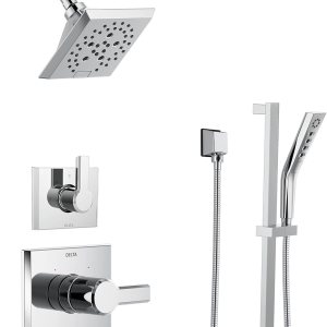 Delta Faucet Sistema de ducha cromado pivotal de 3 ajustes, incluye cabezal de ducha cromado, barra deslizante, mango de ducha, desviador de ducha y Delta Faucet Sistema de ducha cromado pivotal de 3 ajustes, incluye cabezal de ducha cromado, barra deslizante, mango de ducha, desviador de ducha y