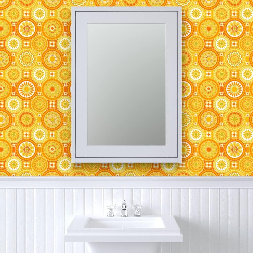 Spoonflower Peel & Stick Wallpaper 3ft x 2ft – Circle Tiles Yellow Flowers Retro Orange Geometric 70s 60s Vintage Custom Removable Wallpaper