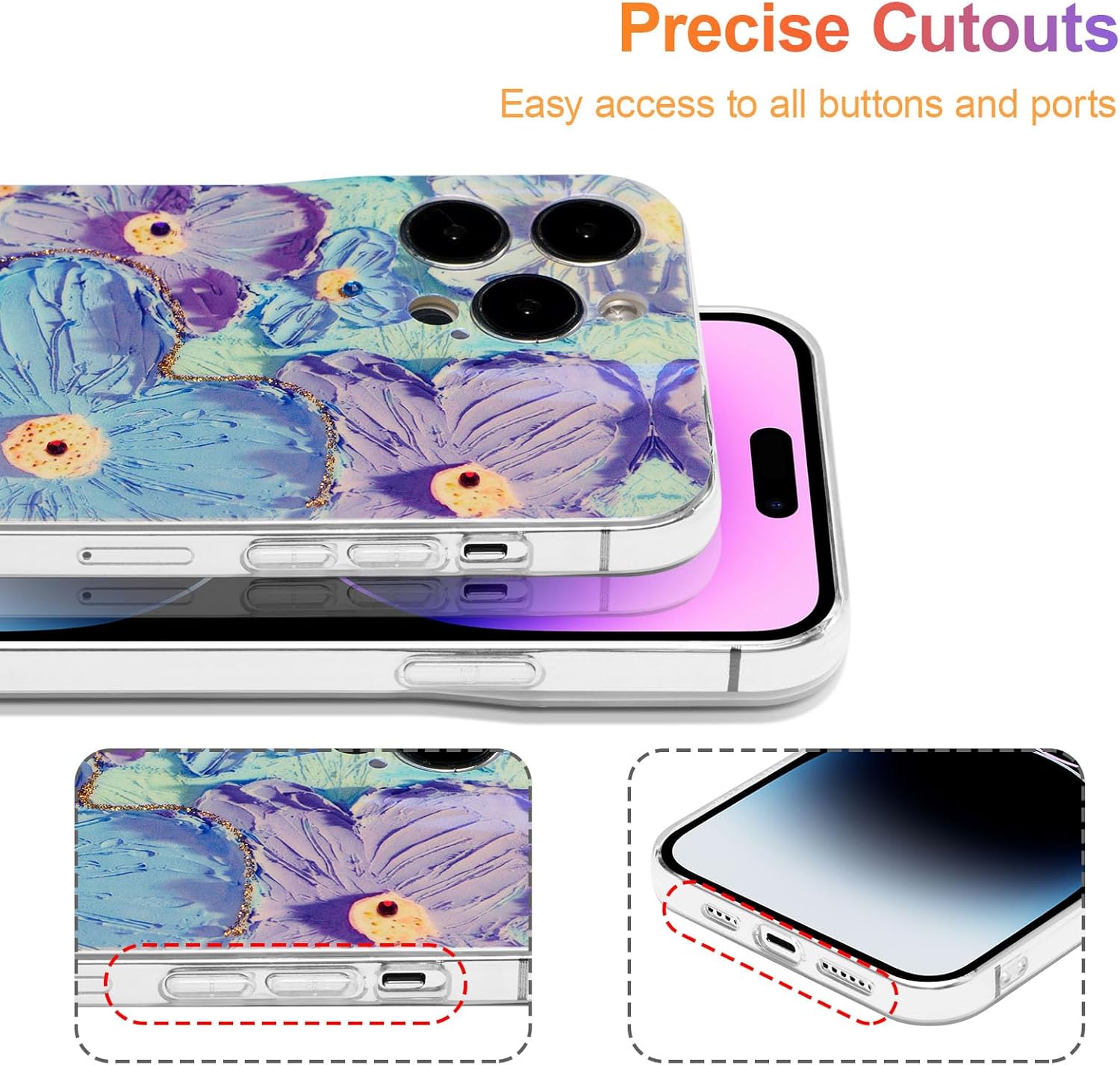 EYZUTAK Funda para iPhone 13 Pro Max, colorida pintura al óleo retro flor patrón brillante láser lindo exquisito floral flor funda protectora