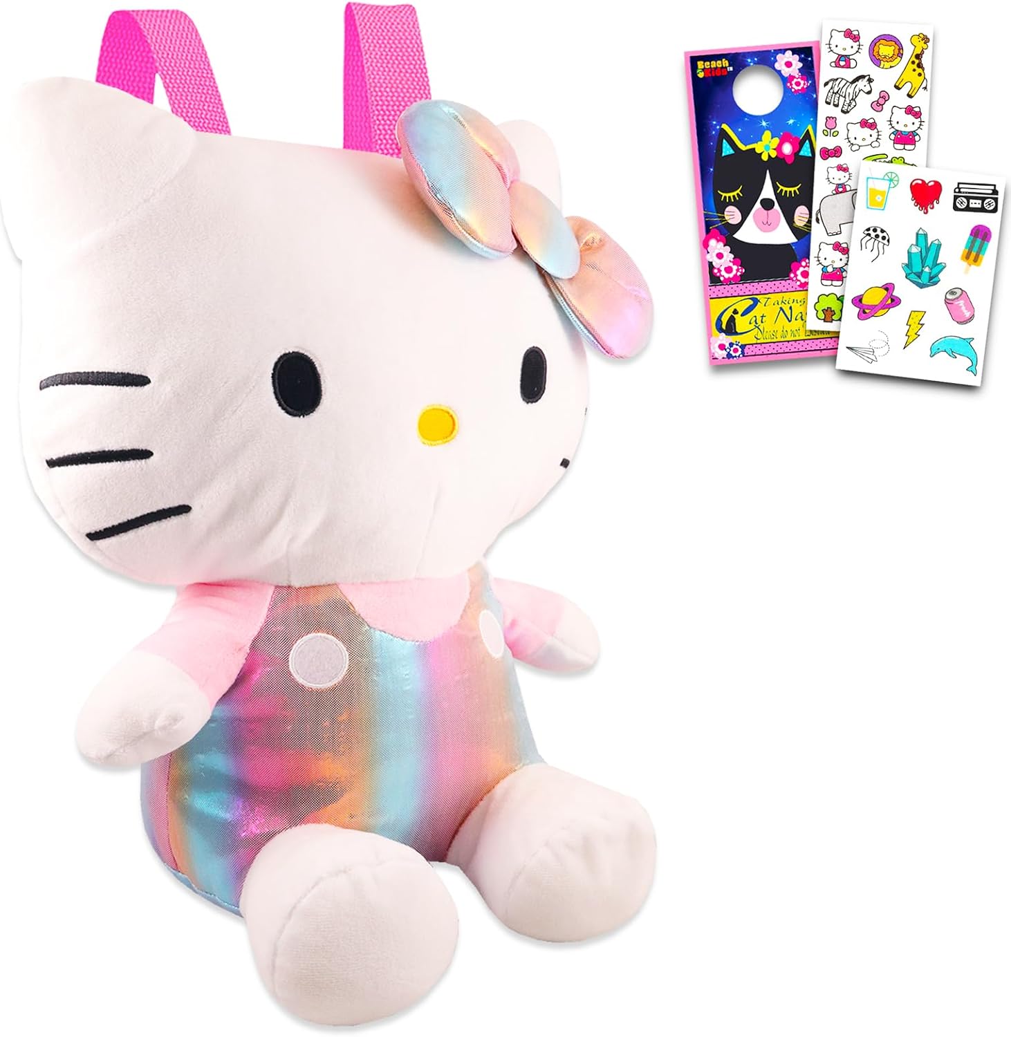 Hello Kitty Mochila de felpa para niñas, paquete de regalo de Hello Kitty con peluche de Hello Kitty con correas ajustables y calcomanías, tatuajes