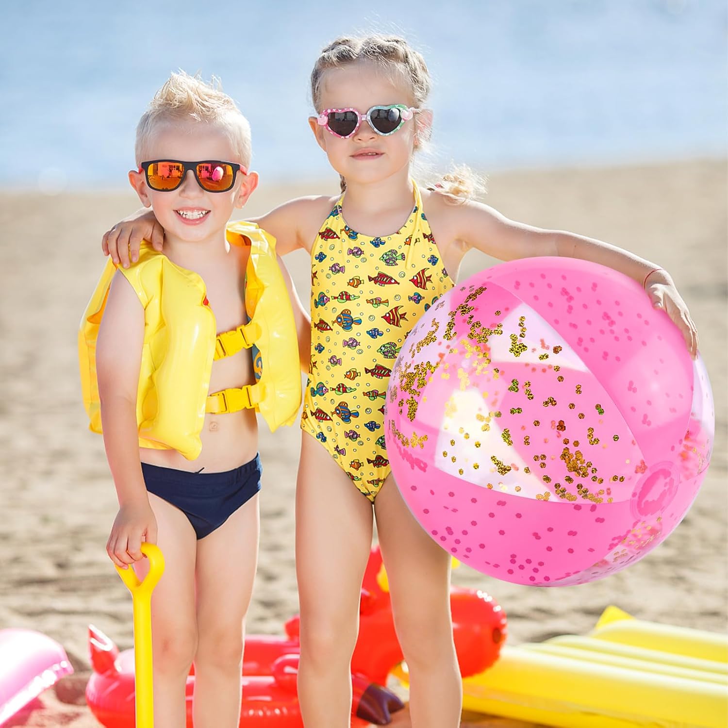 AMOR PRESENT 2 bolas de playa inflables, bolas de playa con purpurina de 16 pulgadas, bolas rosas para niños pequeños, piscina, fiesta, verano