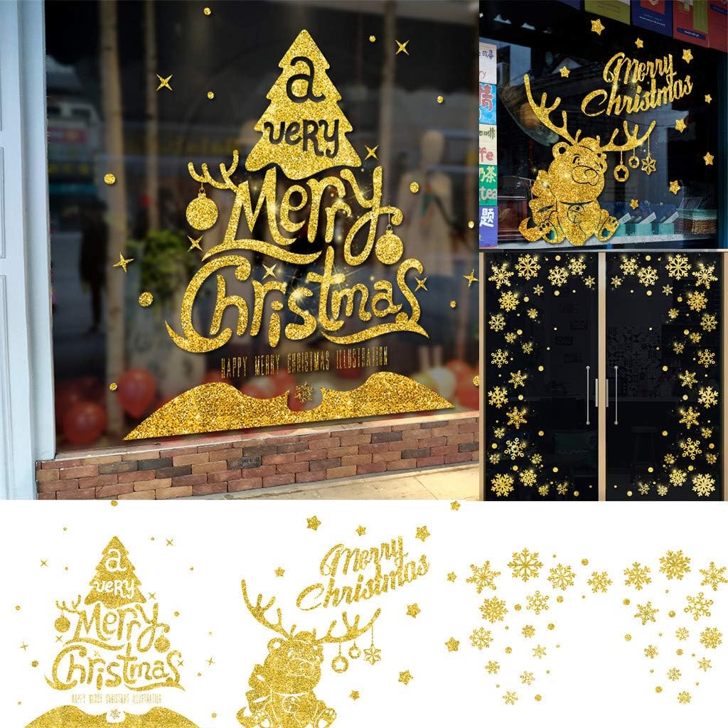 IAMAGOODLADY Decoraciones de Navidad, calcomanías de pared de ventana de polvo dorado de Navidad, muñeco de nieve, decoración del hogar, regalos de
