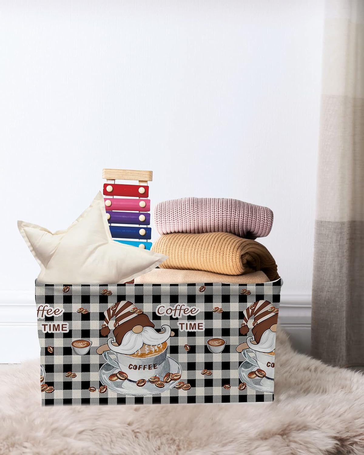 Qumstemily Cesta de almacenamiento para organizar estantes, cajas de almacenamiento plegables con asa, gnomos, granos de café, blanco y negro, cesta