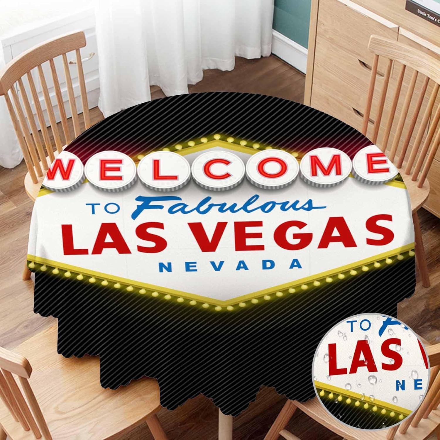 Mantel redondo de 60 pulgadas con texto en inglés “Welcome to Fabulous – Mantel redondo pequeño de Las Vegas Nevada para mesas redondas, mantel