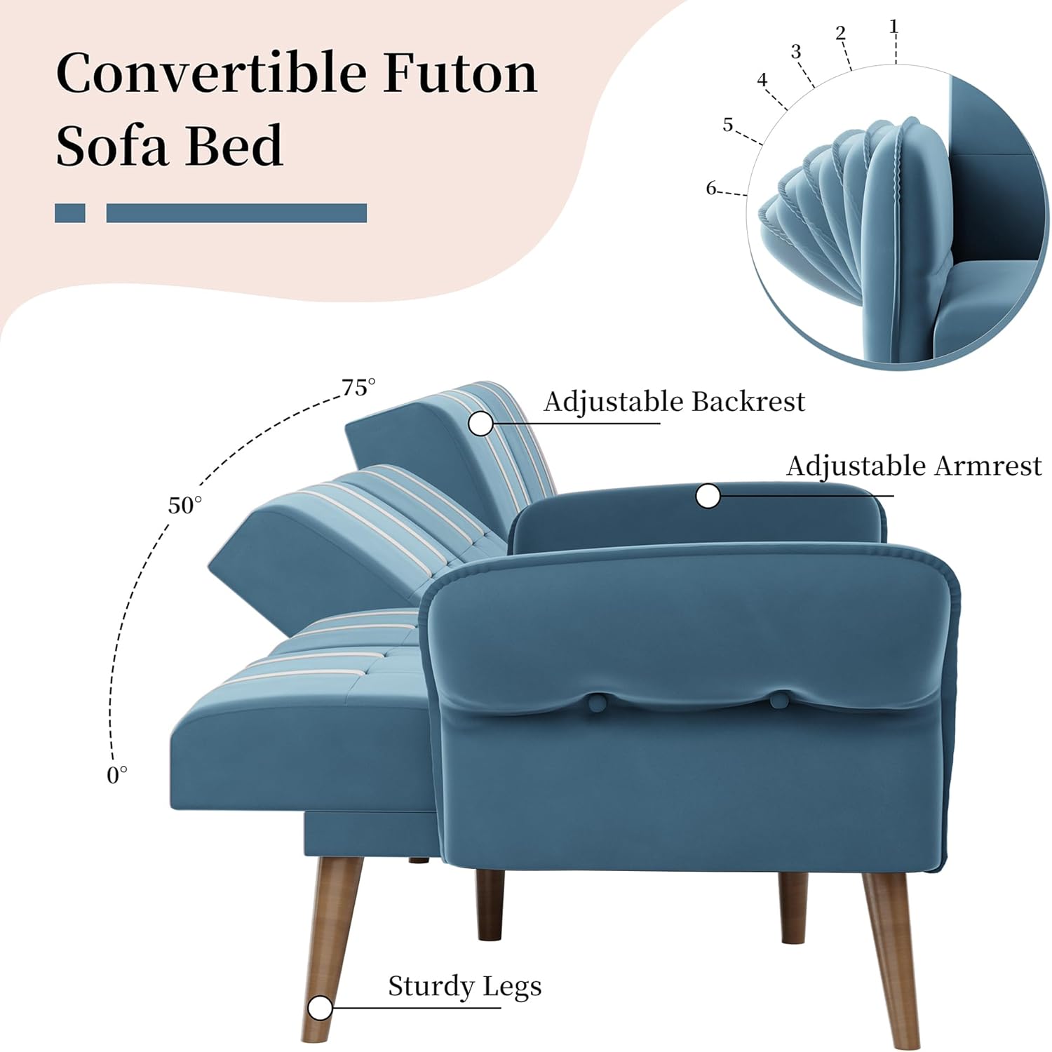 JAMFLY Sofá cama futón de terciopelo de 69 pulgadas, sofá cama convertible con reposabrazos y respaldo ajustables, moderno sofá biplaza para sala de