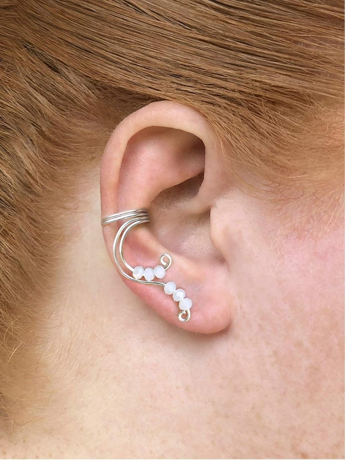 Fantasy-Inspired Fairy Ear Cuff Silver Earring for Non Pierced Elven Fake Cartilage Piercing with Cream White Beads