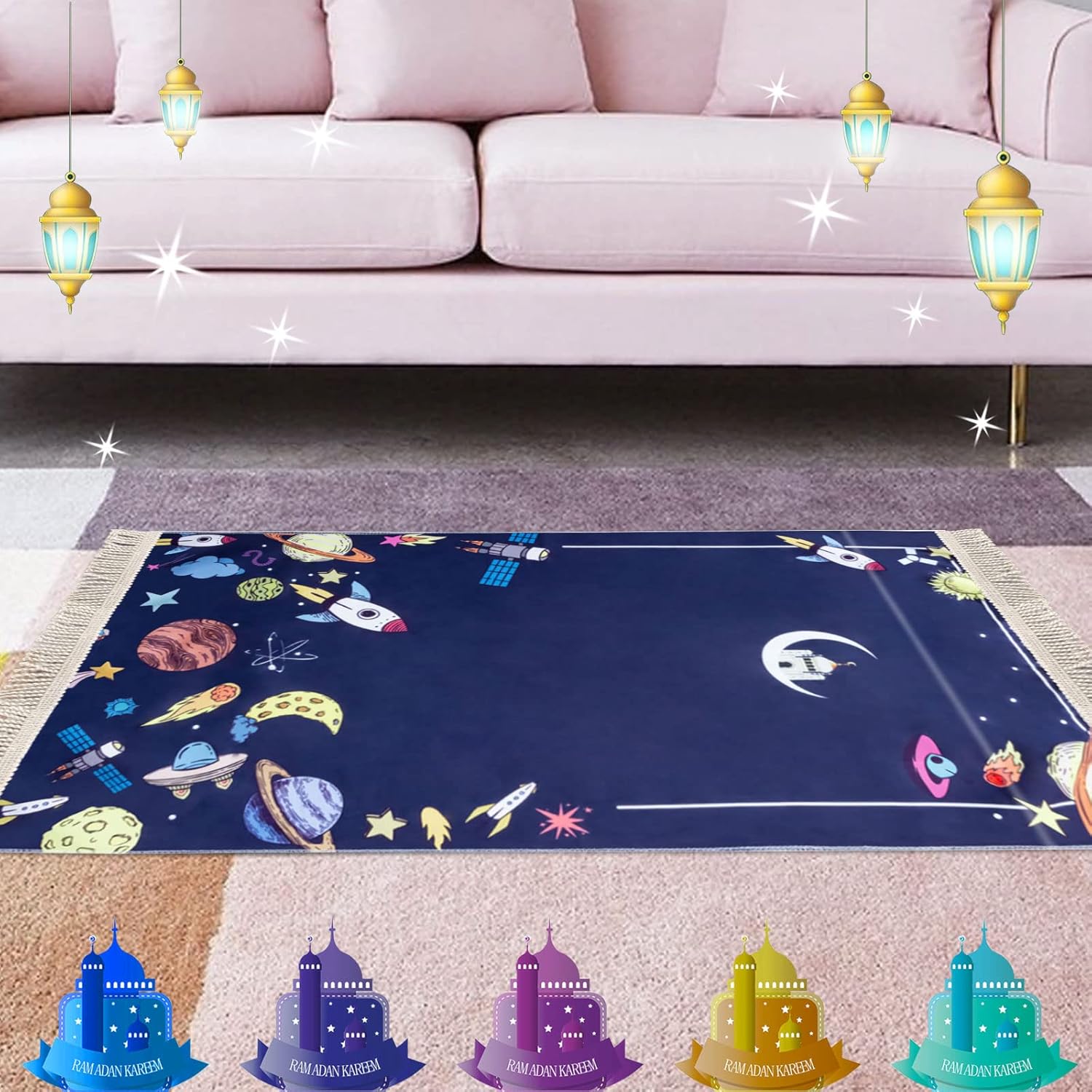 Alfombra de oración para niños, tapete de oración, alfombra de oración de dibujos animados para regalo de niños, regalos de Ramadán (morado)