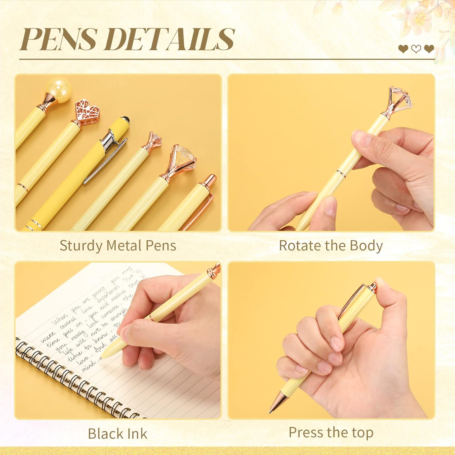 Juego de 6 bolígrafos de metal con diamantes de cristal para diario, bolígrafos de tinta negra, bolígrafos de arena líquida con purpurina,