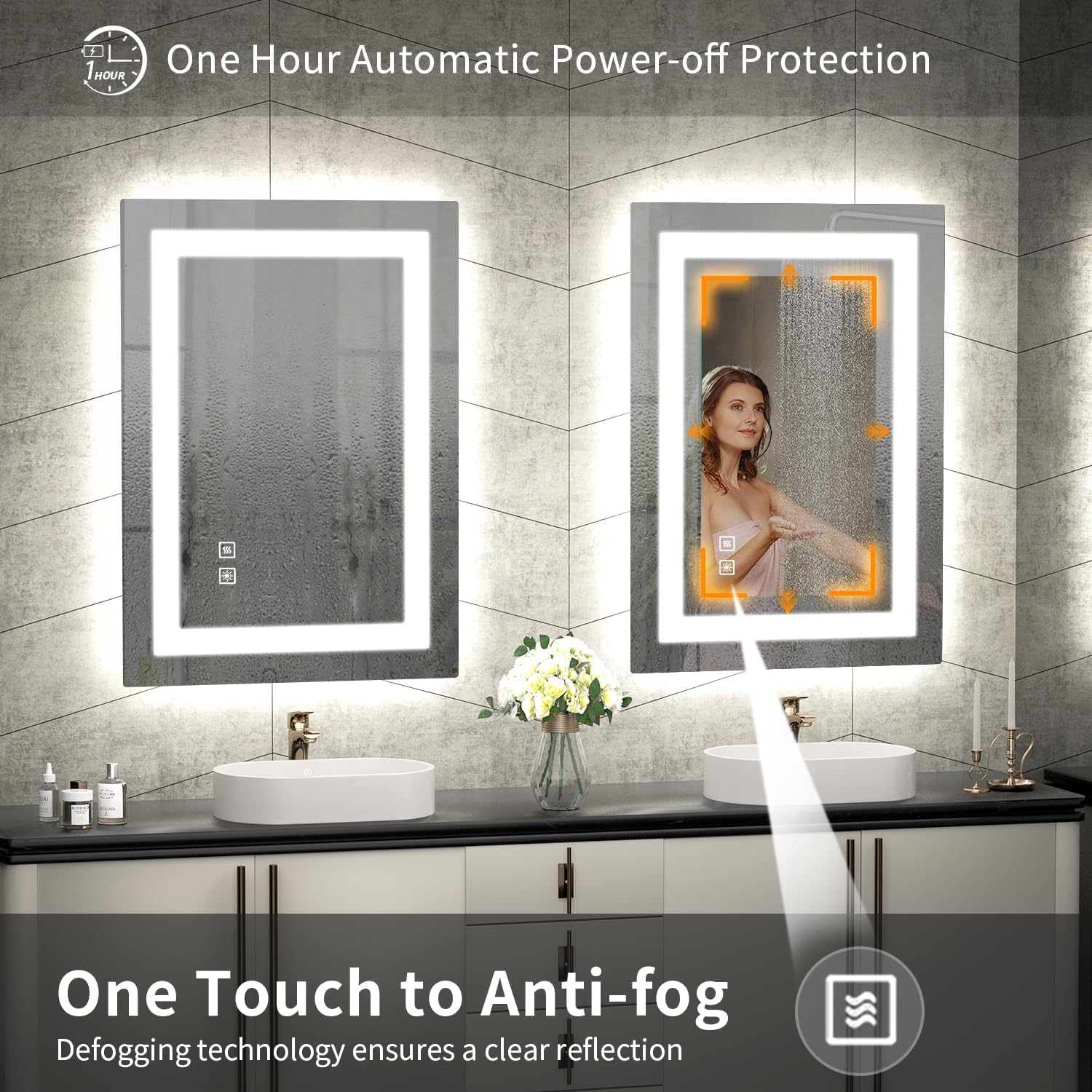 SHUAFA Espejo LED para baño, retroiluminado de 20 x 28 pulgadas + espejo de tocador de baño iluminado frontal con luces, tiras de luz dobles, 3