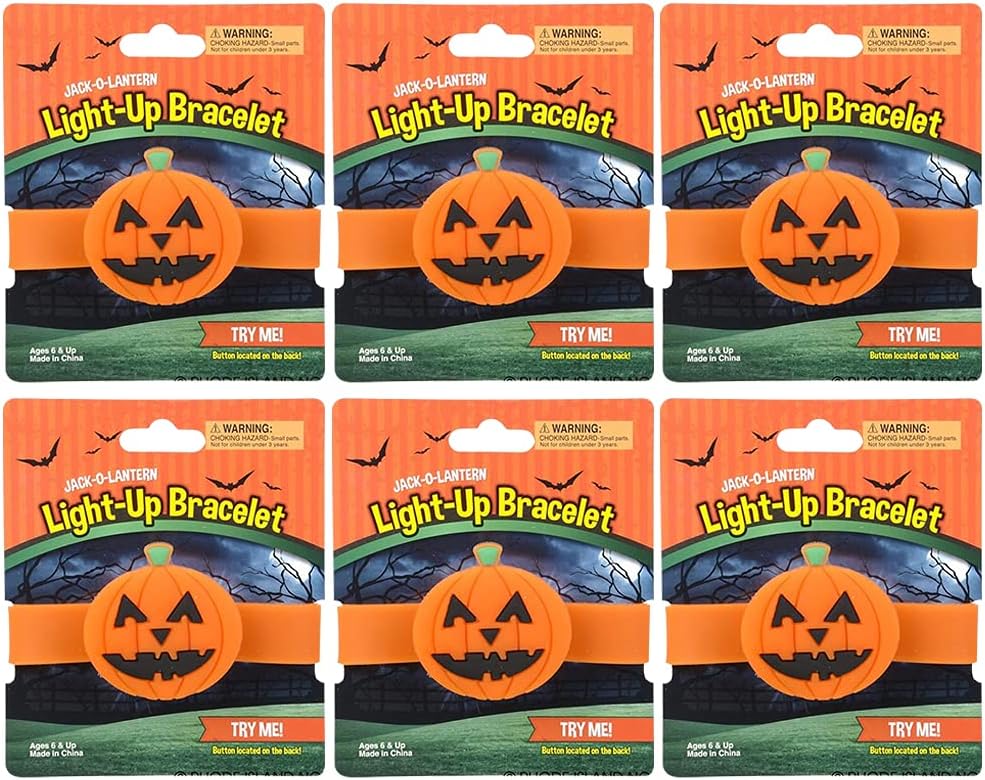 ArtCreativity Pulseras de Halloween iluminadas, juego de 6, pulseras de Jack o Lantern para niños con 3 modos de iluminación, accesorios de disfraz
