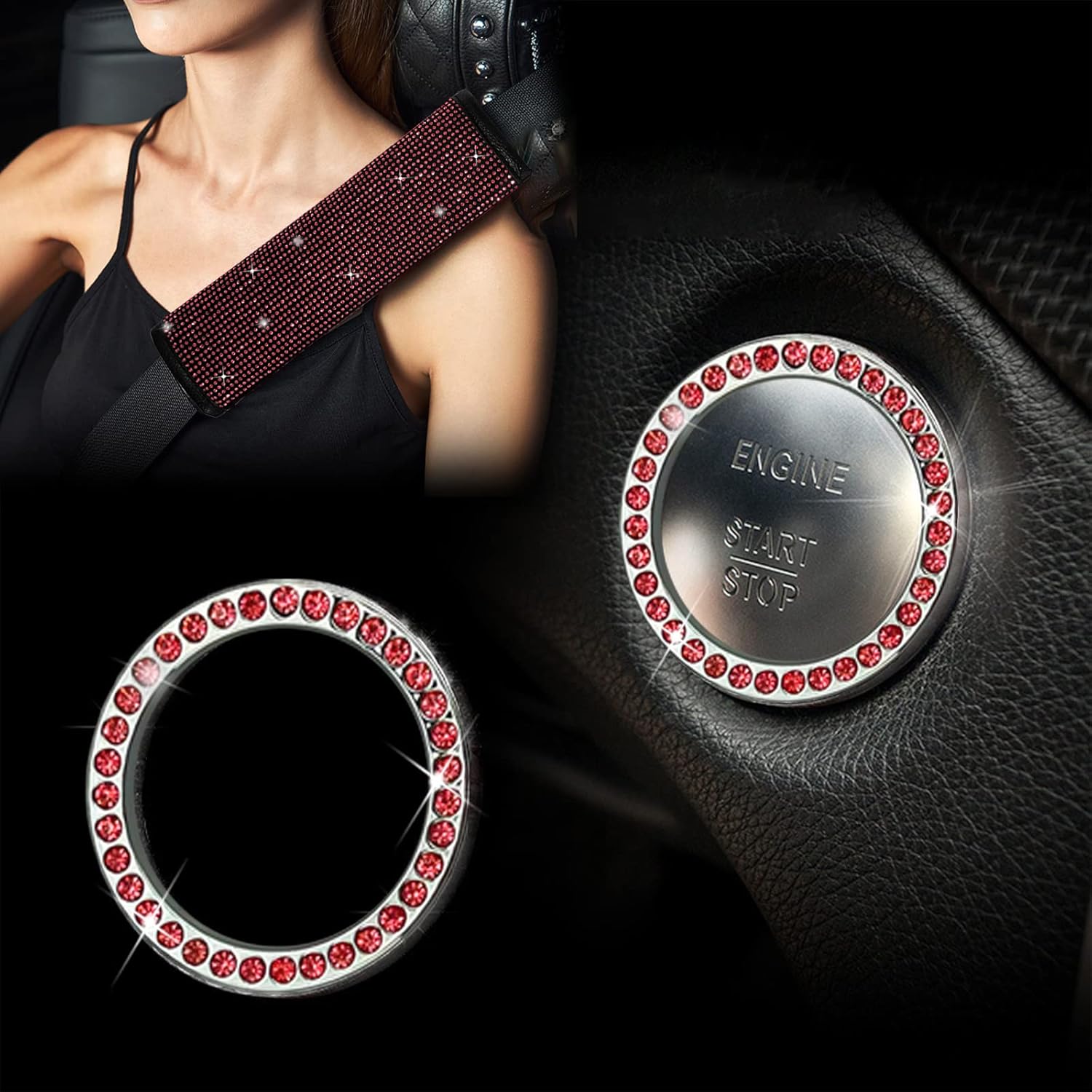 Juego de 17 fundas brillantes para asientos de automóvil, accesorios de diamantes de imitación para volante, terciopelo brillante transpirable