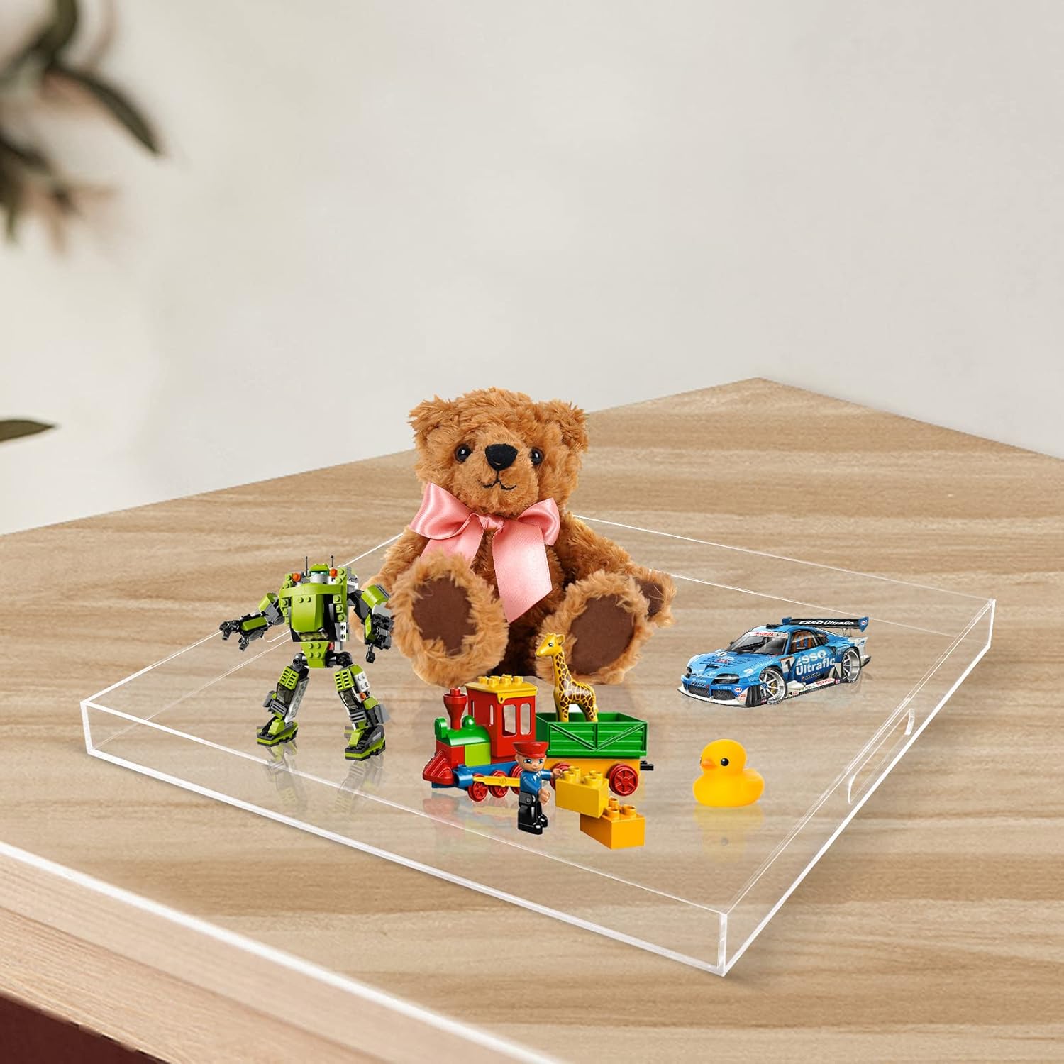 Fetcoi Bandeja grande de acrílico para servir, bandeja transparente de 24 x 24 pulgadas con asas, bandeja decorativa de mesa para tocador, baño,