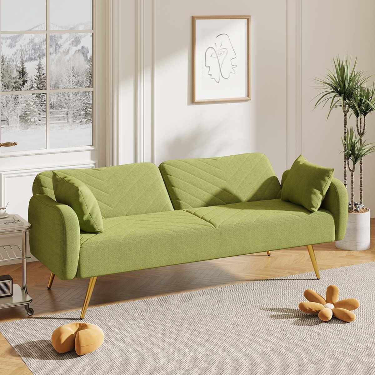 Futón de 70 pulgadas con colchón incluido, sofá cama futón con respaldo dividido y 2 cojines, sofá cama convertible con patas y brazos de metal
