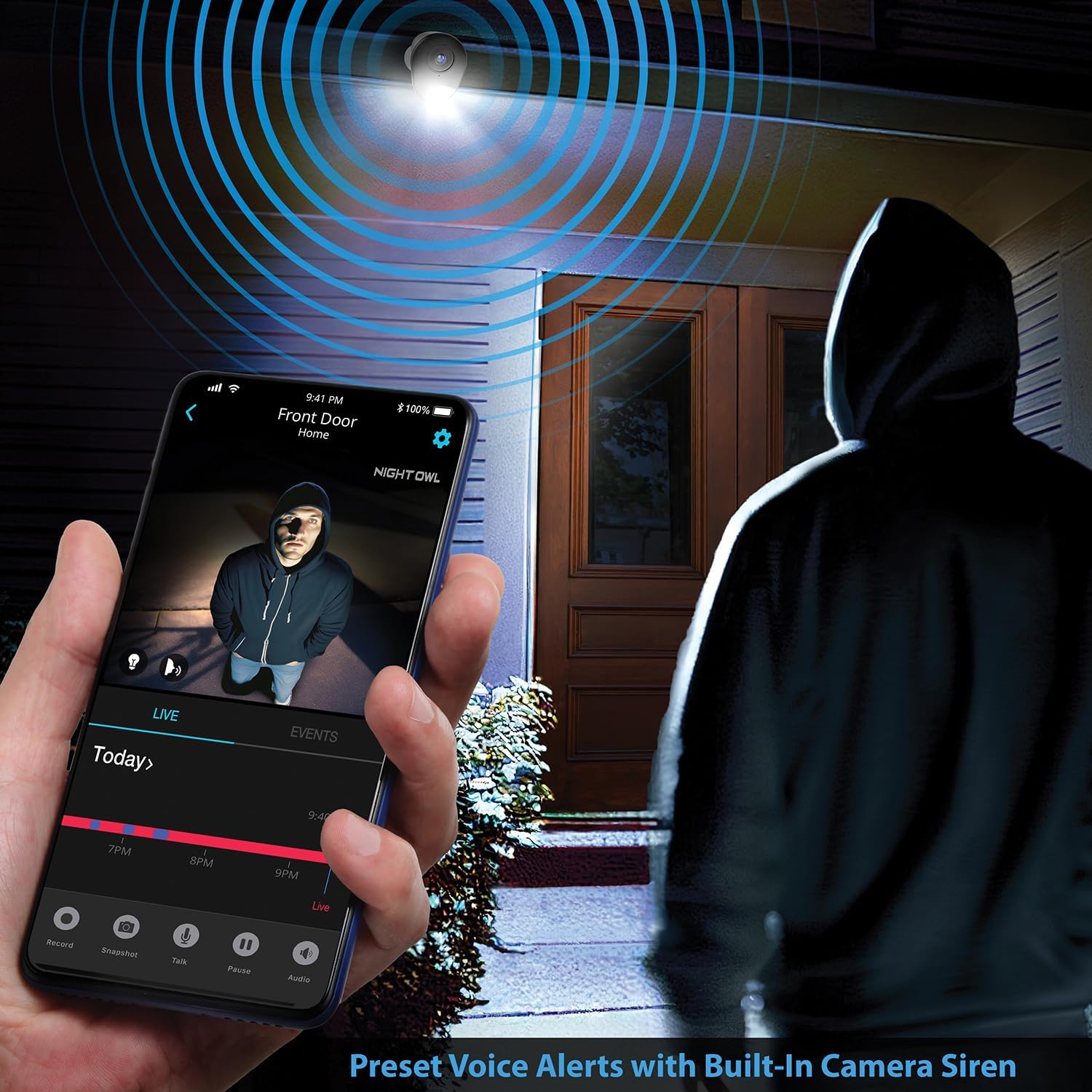 Night Owl Cámara de disuasión para interiores y exteriores Wi-Fi 4K HD con alimentación de CA enchufable con audio de 2 vías (1 cámara)