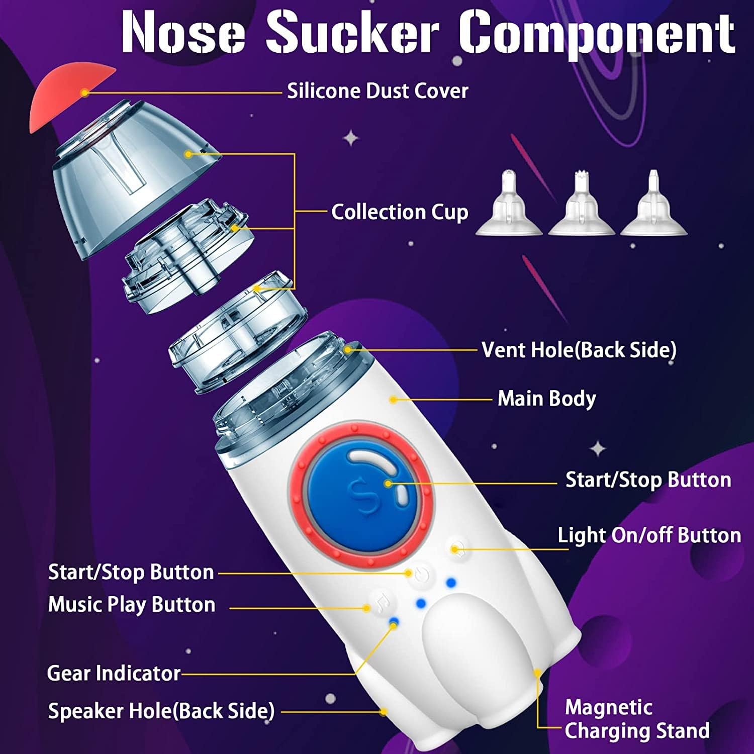 Aspirador nasal eléctrico para bebé, niño pequeño, chupón de nariz ultrasilencioso, succionadores de nariz de silicona para bebés, con 3 puntas de