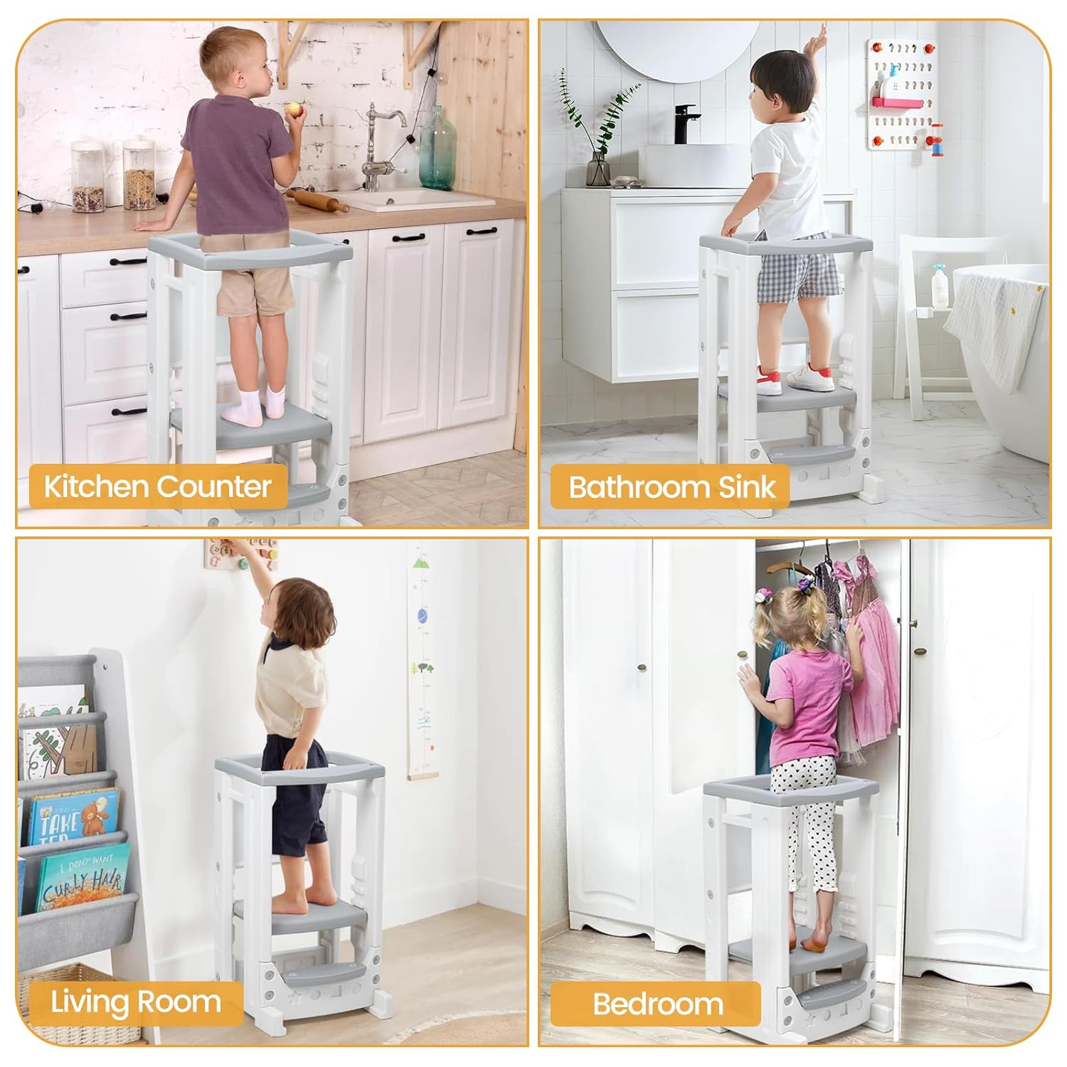 Taburete de cocina para niños con pizarra blanca, torre para niños pequeños con 4 alturas ajustables y riel de seguridad, taburete de aprendizaje