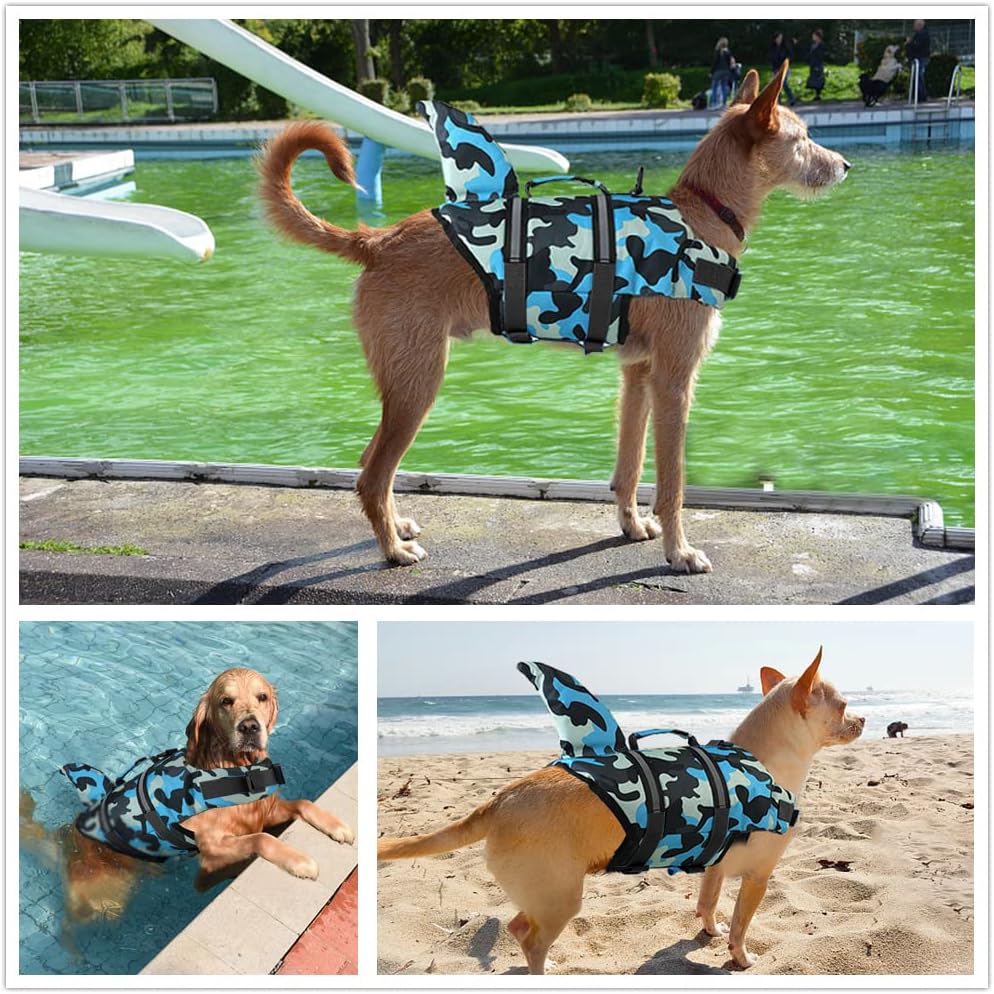 Doglay Chaleco salvavidas para perros con tiburón, chaleco salvavidas para perros para nadar en barco, chaleco salvavidas ajustable para perros con