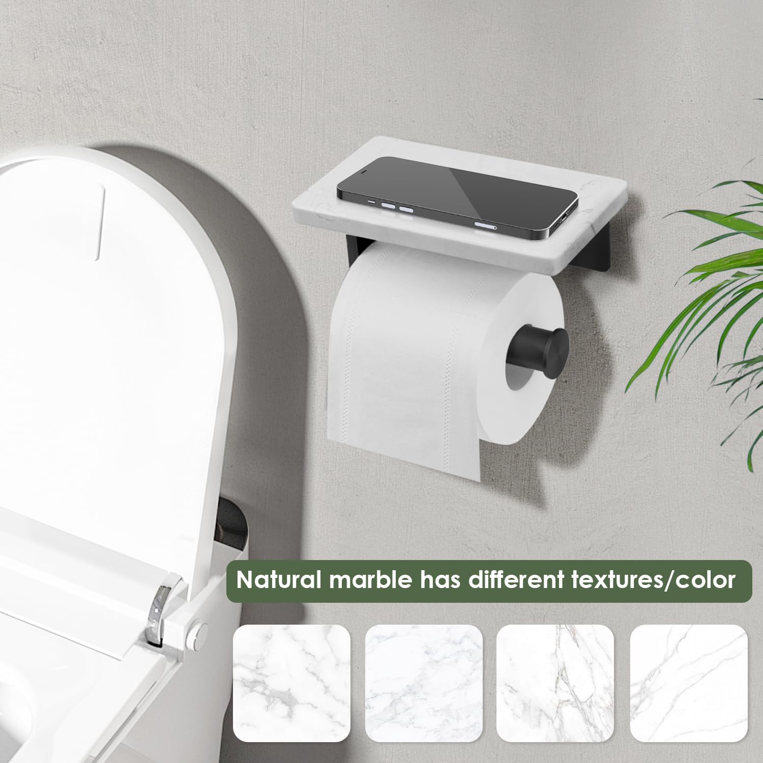 LuDoDo Portarrollos de papel higiénico negro mate con estante de mármol, soporte para rollo de papel higiénico montado en la pared para baño y baño