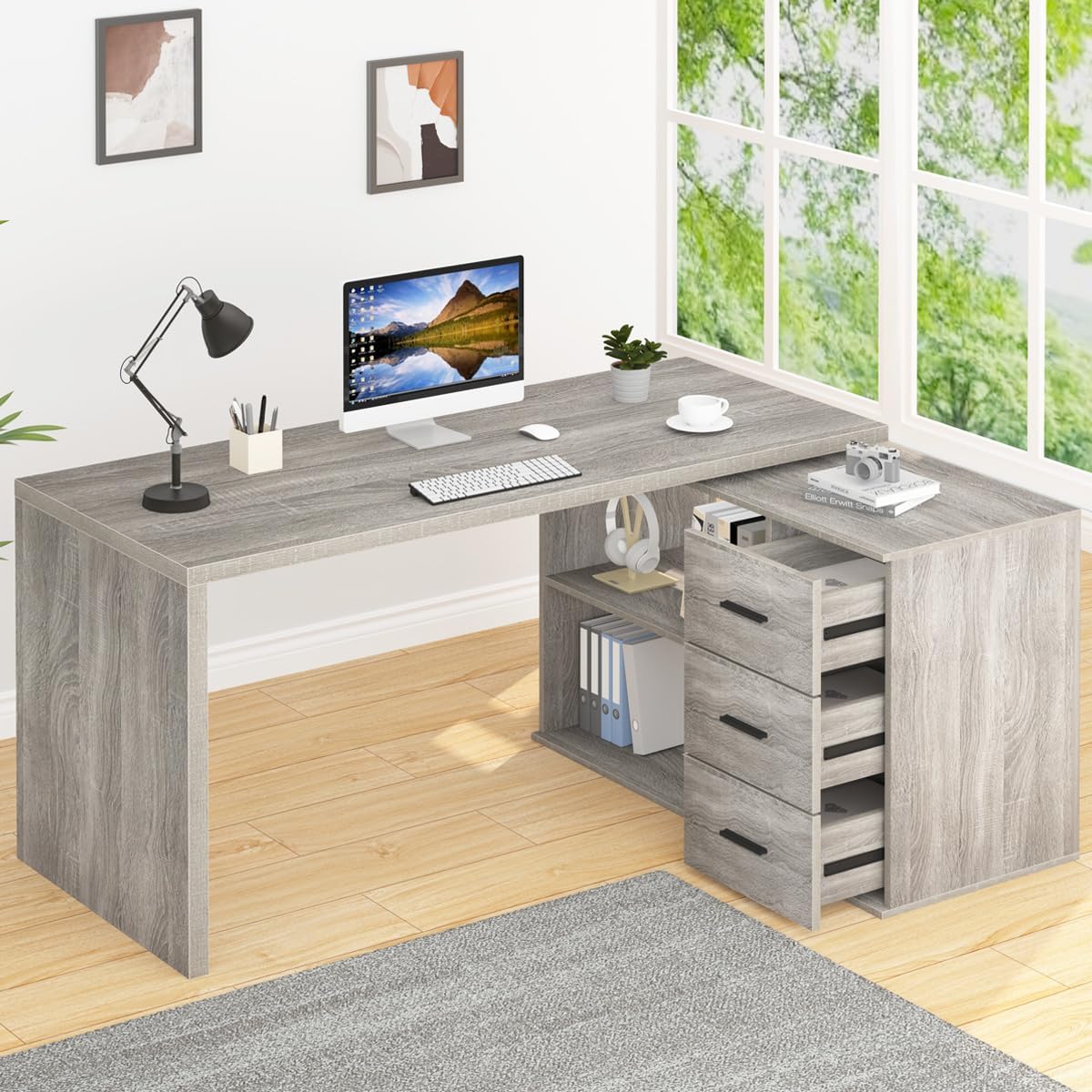 HSH Escritorio giratorio de 360 en forma de L con 3 cajones y 2 estantes, escritorio giratorio de oficina en casa para trabajo, escritura, estudio,