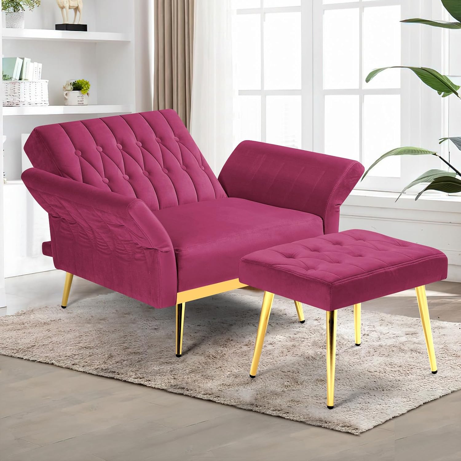 Silla decorativa de terciopelo con respaldo y reposabrazos ajustables, sillón reclinable individual con otomana y patas mentales doradas para sala