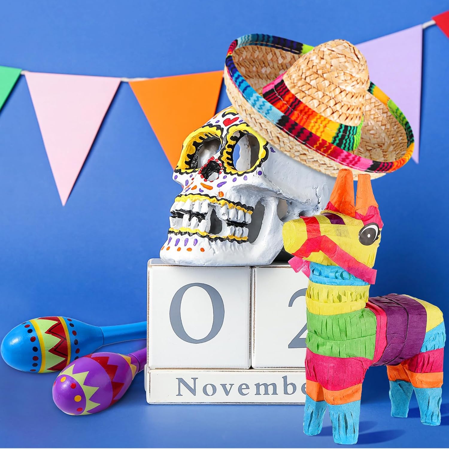 Hungdao 24 piezas de decoraciones de fiesta mexicana, incluye mini piñata de burro, maracas de fiesta de madera para niños, mini sombrero, sombreros