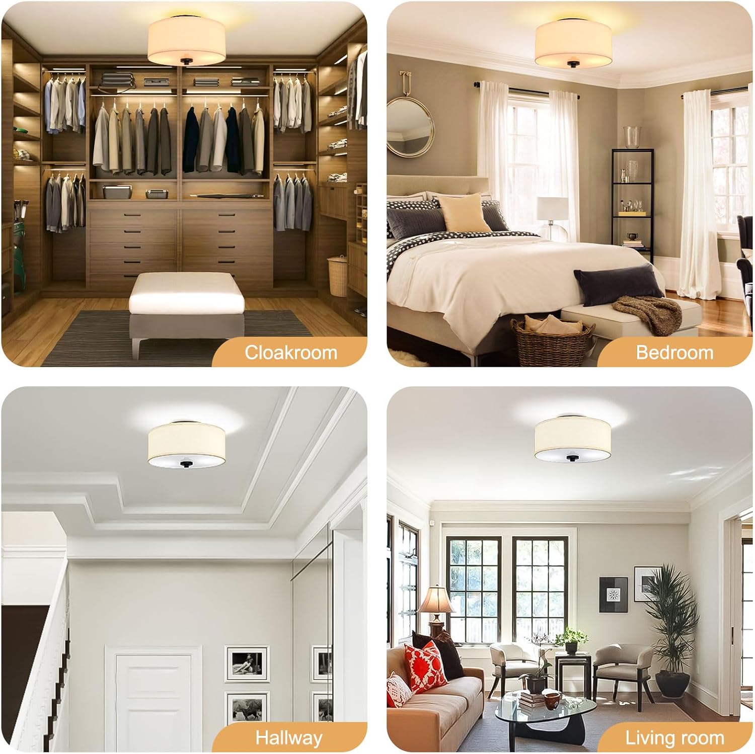 Lodstob Lámpara de techo empotrada de 2 luces, moderna de 12 pulgadas con pantalla de tambor de tela beige, lámpara colgante redonda para