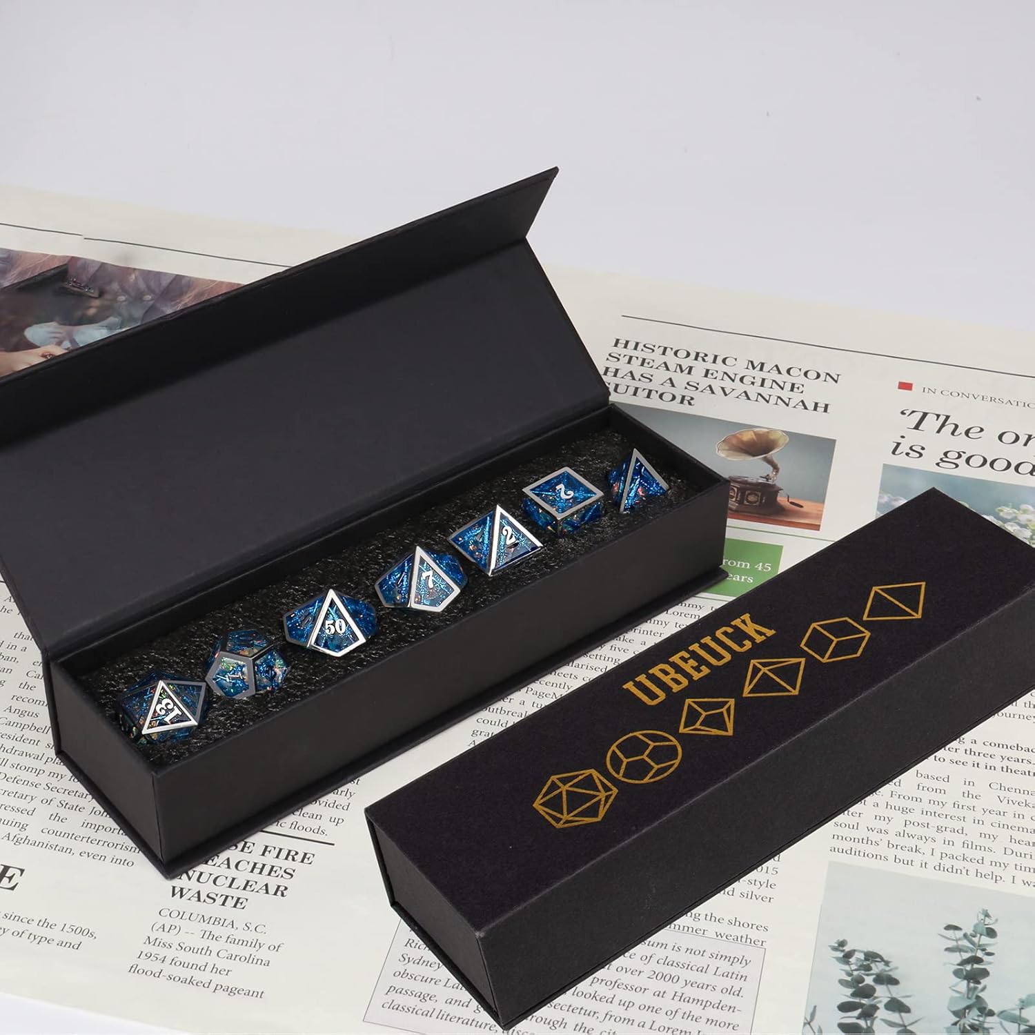 Dados DND, dados de metal huecos D&D, dados de resina de doble espada con caja de regalo para juegos de mazmorras y dragones, 7 piezas de dados