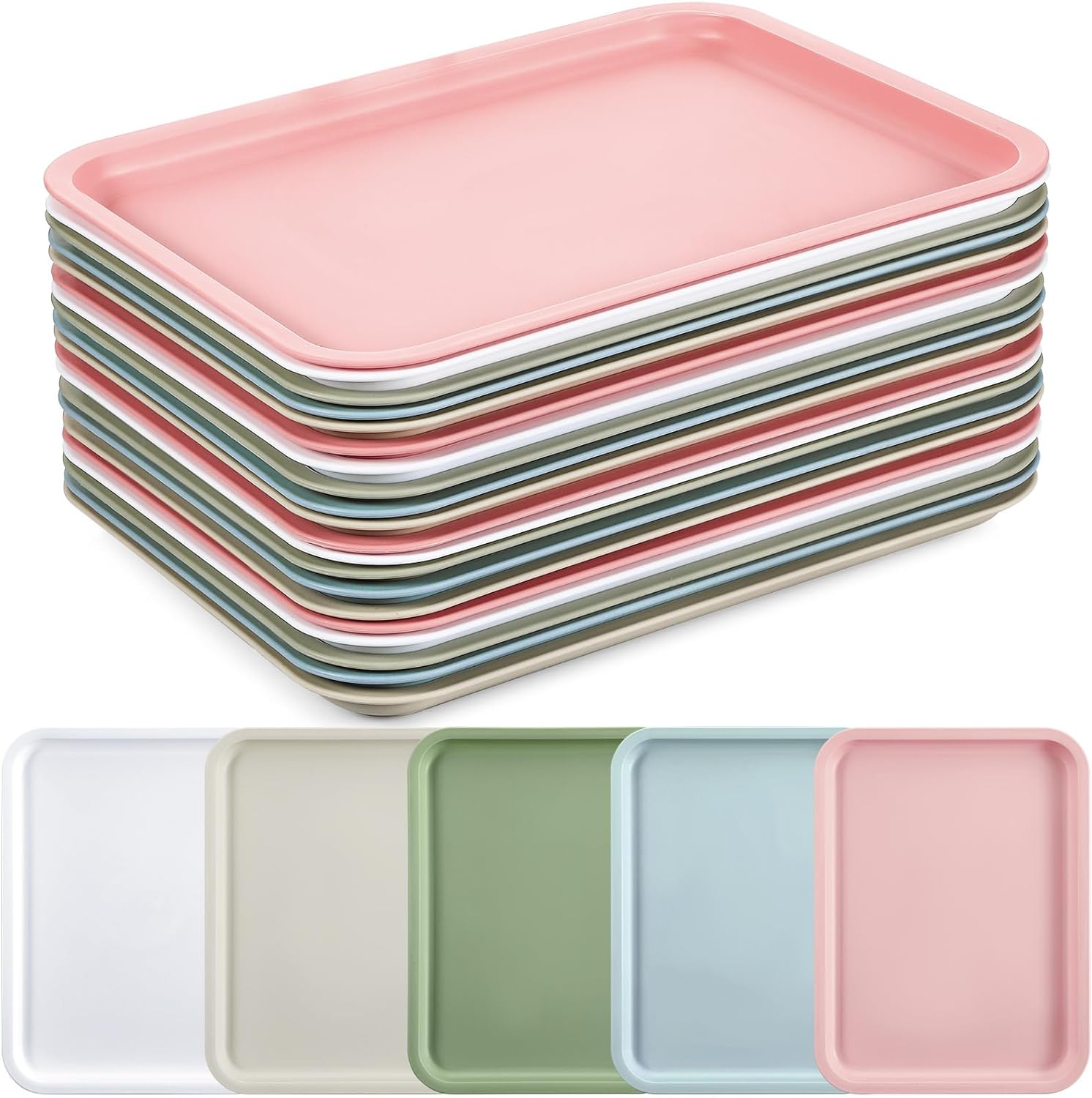 Uiifan 20 bandejas de plástico grueso para servir comida rápida a granel, 5 colores, bandejas de comida para cafetería, bandejas rectangulares para